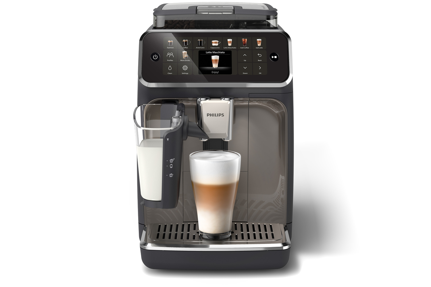 Moderna macchina da caffè Philips grigia con display touch, contenitore per il latte e un bicchiere di latte macchiato.