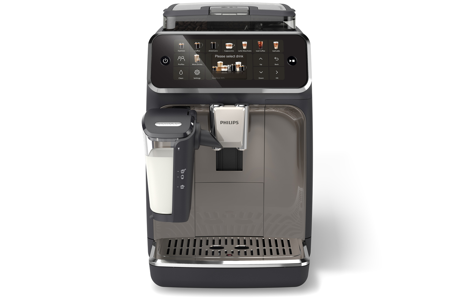 Macchina da caffè automatica Philips nera con display touch, caraffa per il latte e raccogligocce su sfondo bianco.