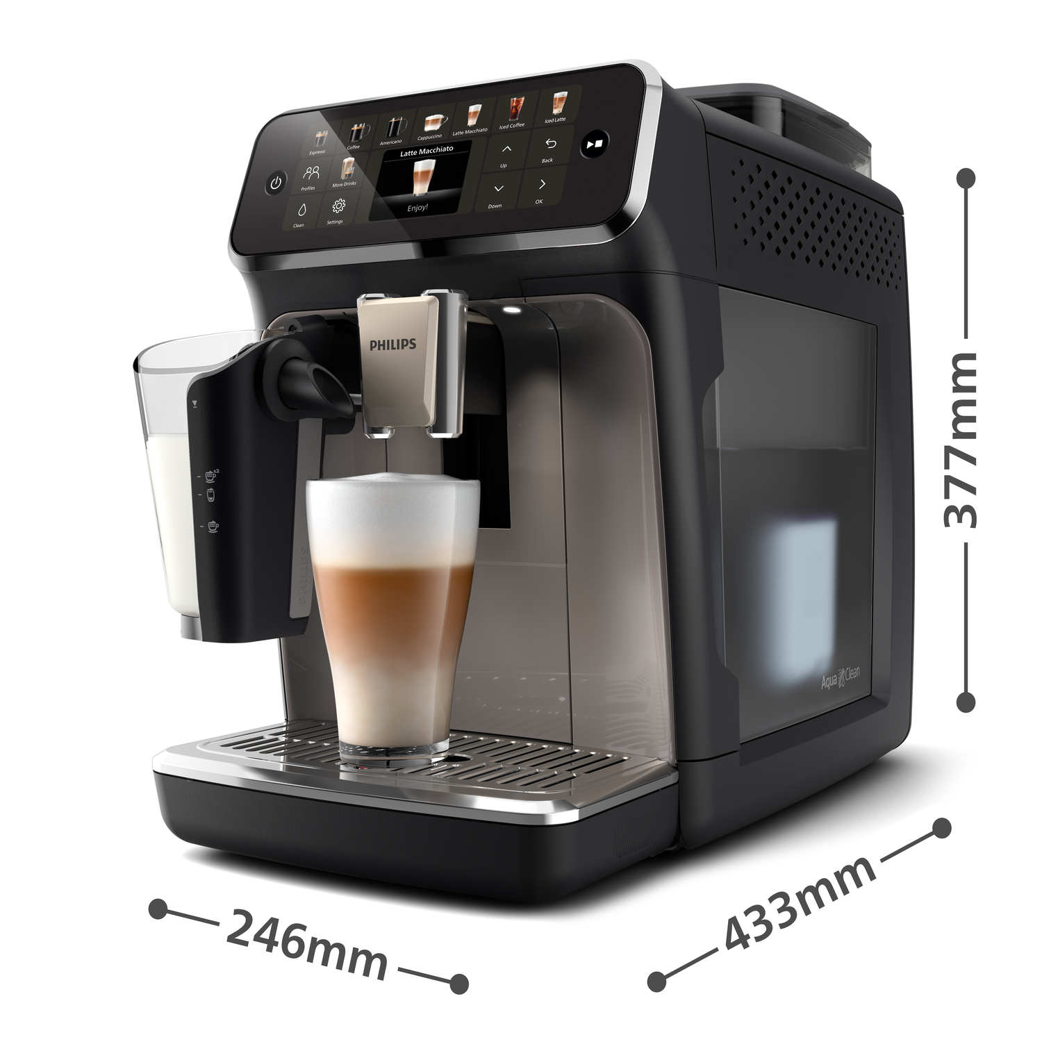 Una macchina da caffè espresso Philips nera con schermo touch, montalatte e quote.