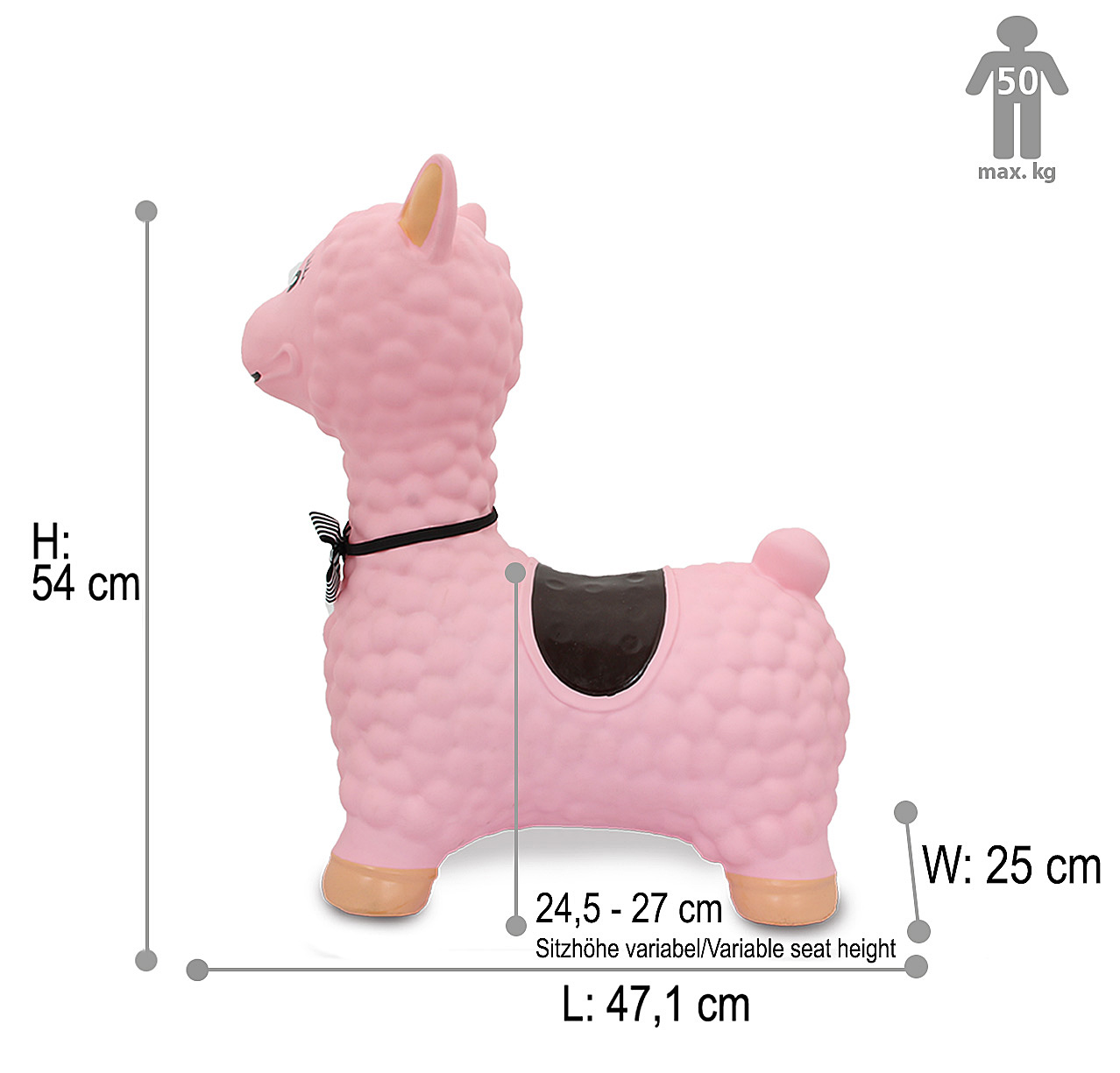 Rosa Hüpftier in Lama-Form mit Maßen für Höhe, Breite, Länge und Sitzhöhe sowie Angabe zur maximalen Belastung.