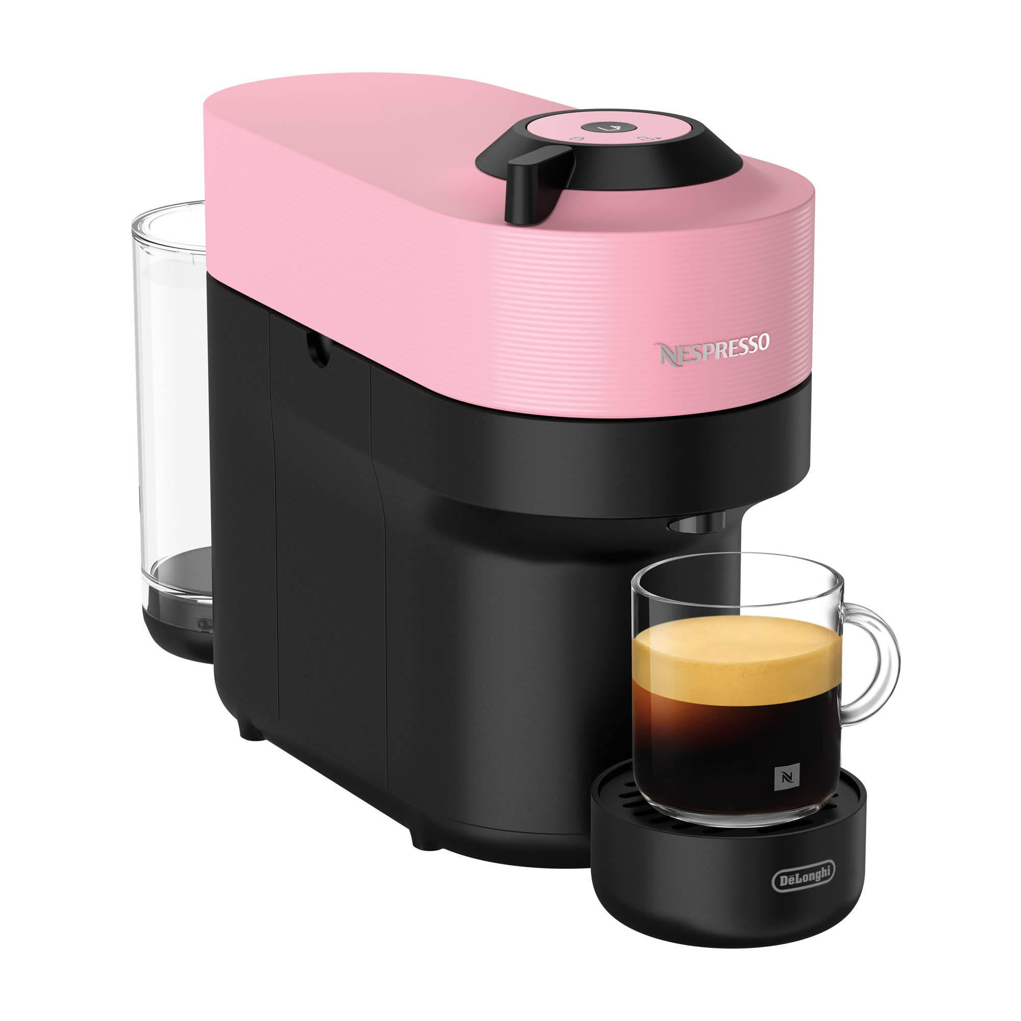 Eine rosa-schwarze Nespresso-Kaffeemaschine mit einer Tasse frischem Espresso auf einem Ständer und einem Wassertank.