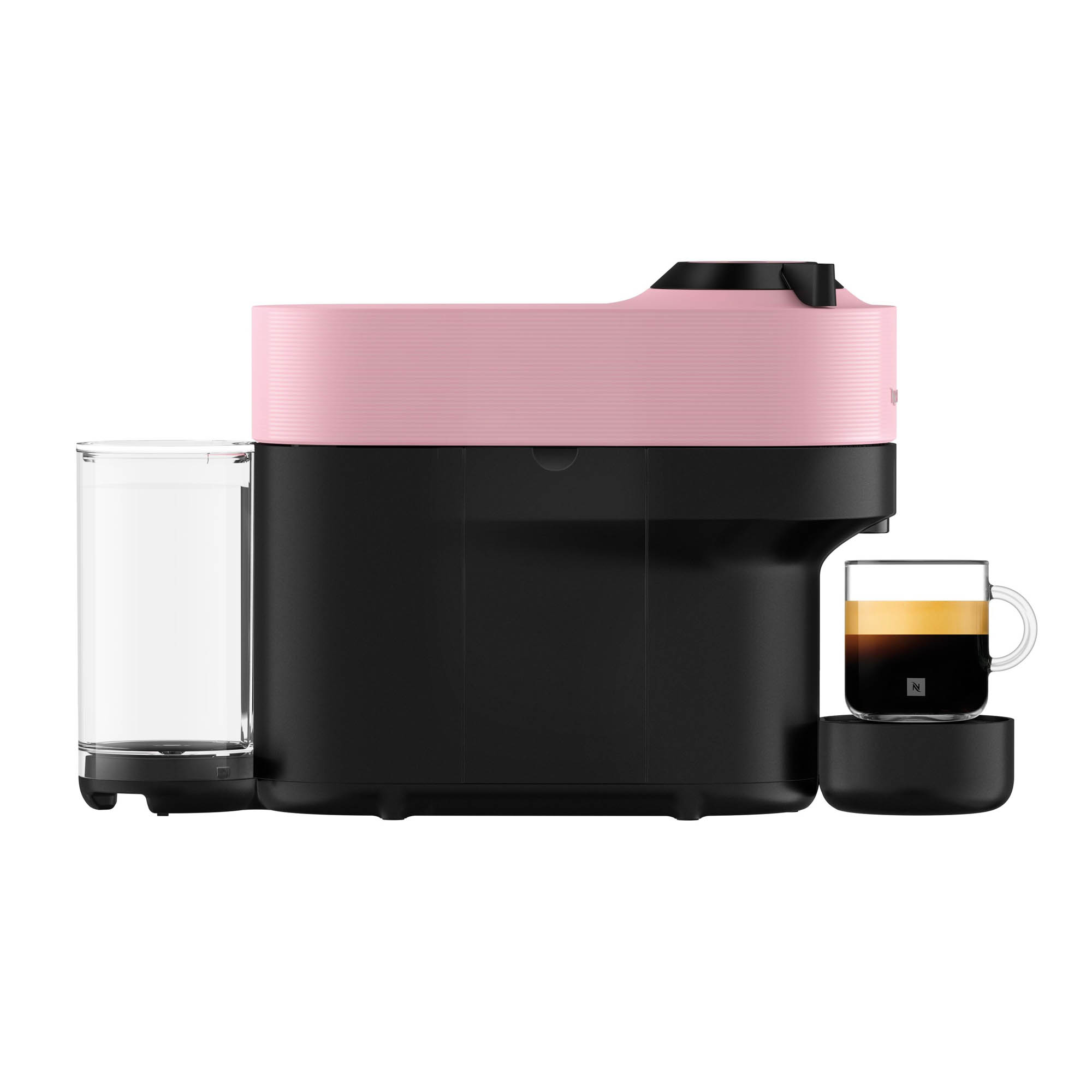 Eine rosa und schwarze Kaffeemaschine mit Wassertank und einer Tasse frischem Espresso auf einem Ständer.