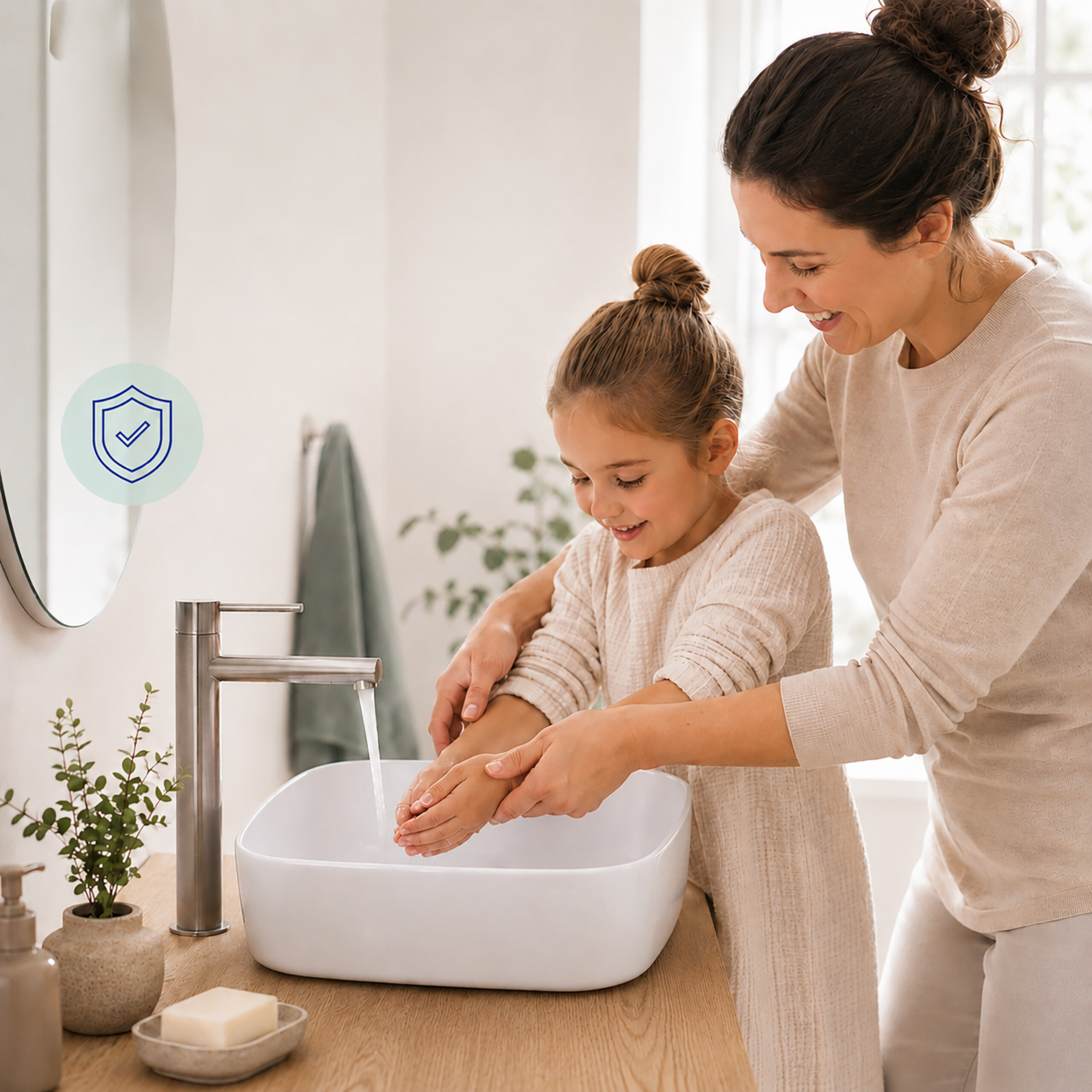Eine Mutter hilft ihrer lächelnden Tochter im Badezimmer dabei, die Hände unter fließendem Wasser zu waschen.