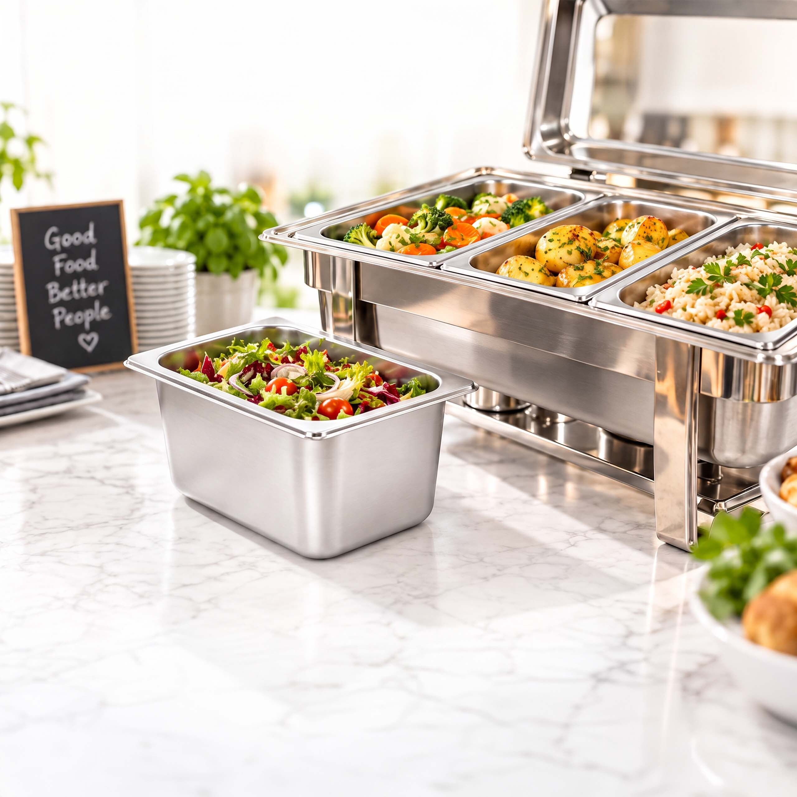 Ein Buffetwärmer mit Gemüse, Kartoffeln und Reis auf einer Theke. Davor steht eine Schüssel mit frischem Salat.