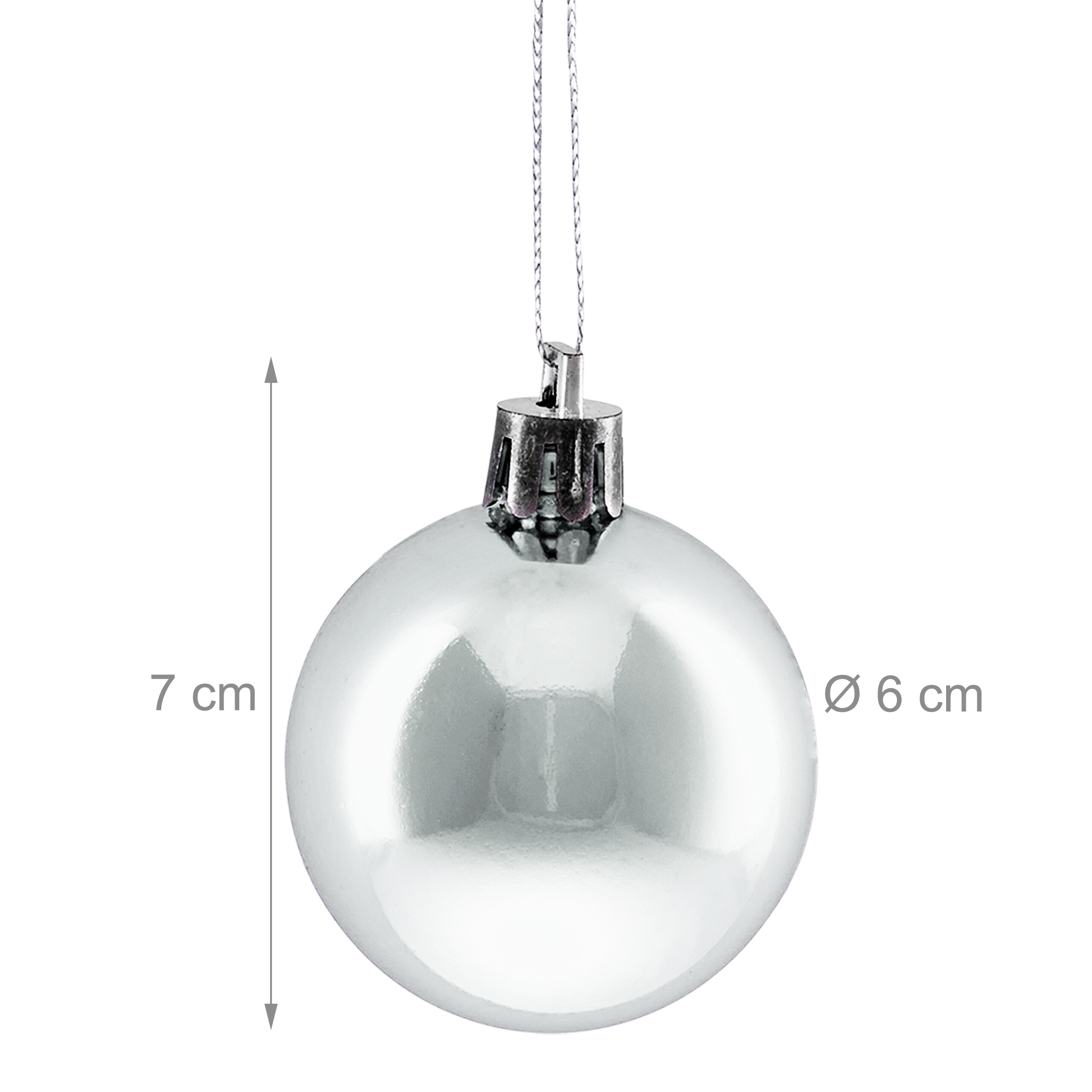 Glänzende silberne Weihnachtskugel, 6 cm Durchmesser, 7 cm Höhe mit Aufhängeöse.