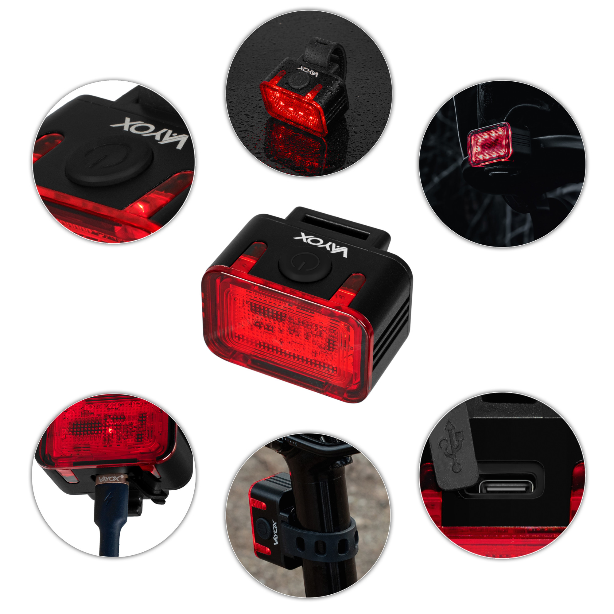 Czarne tylne światło rowerowe Vayox przedstawiające funkcje, mocowanie i port ładowania USB w okrągłych wstawkach wokół.