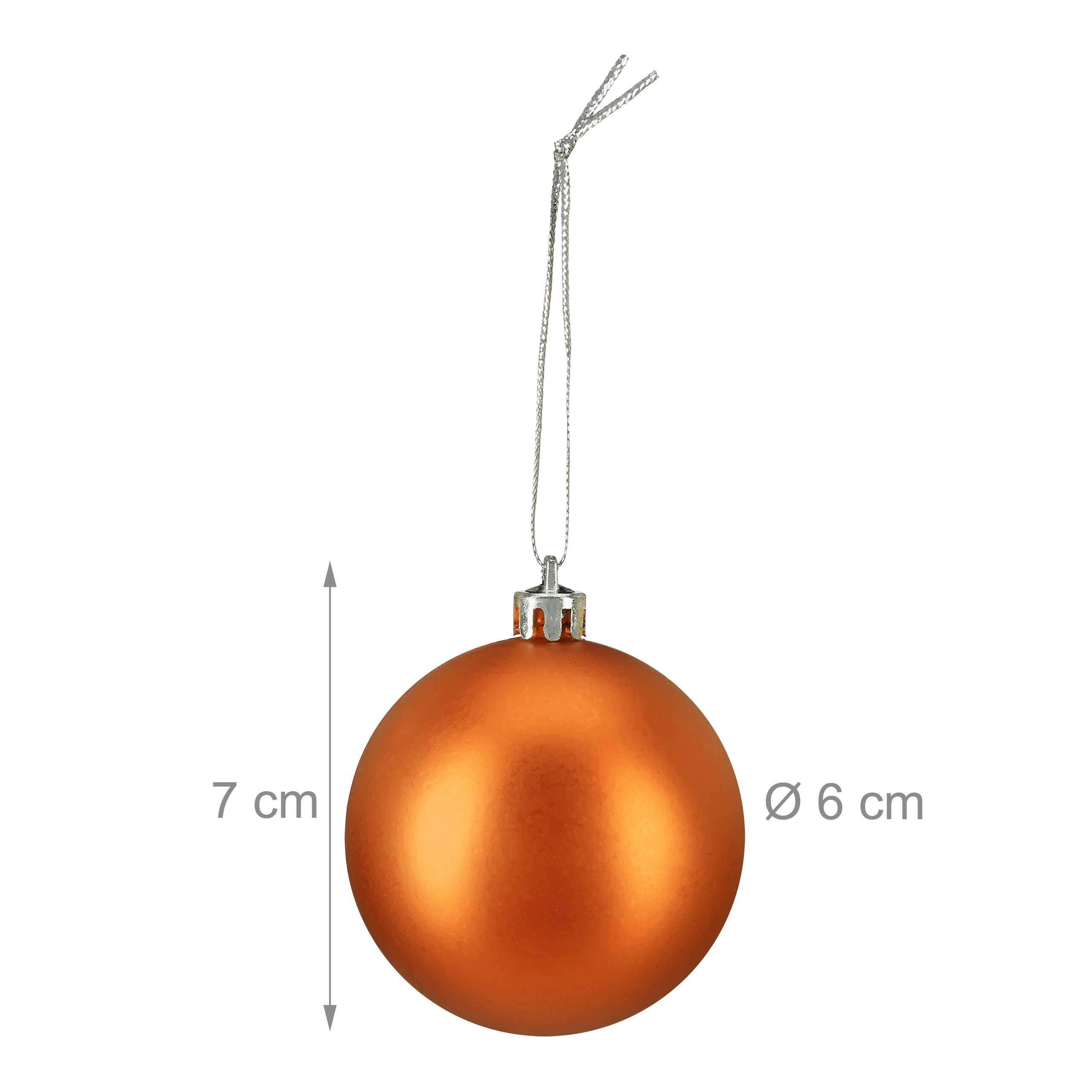Eine glänzende, orangefarbene Weihnachtskugel mit silberner Aufhängung und Maßangaben von 7 cm Höhe und 6 cm Durchmesser.