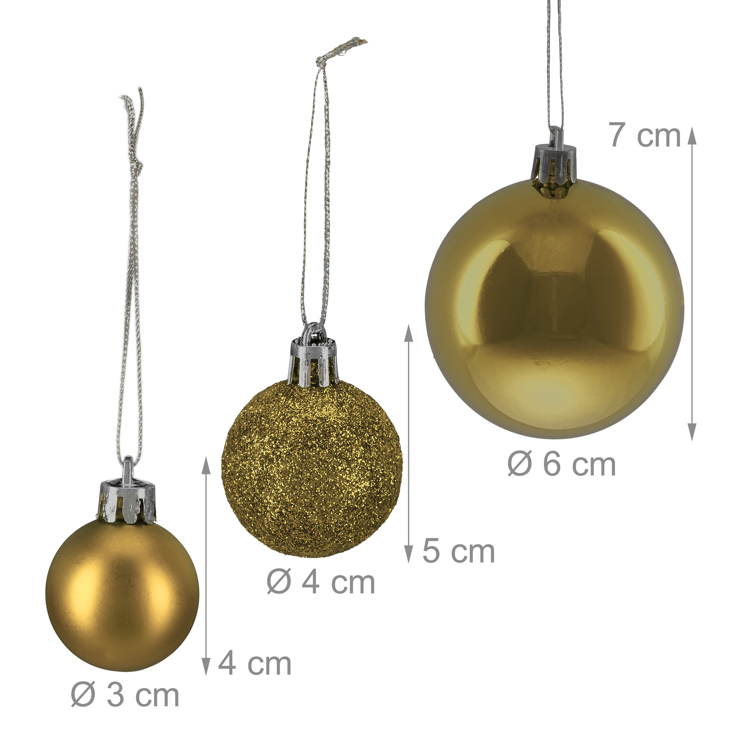 Drei goldene Weihnachtskugeln in verschiedenen Größen mit Maßen.