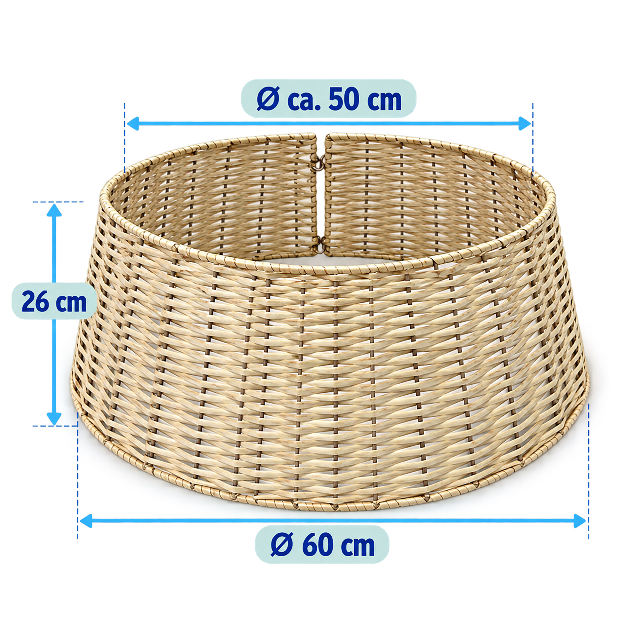 Wicker Christmas tree collar with dimensions shown: 50 cm top diameter, 60 cm bottom diameter, and 26 cm height.