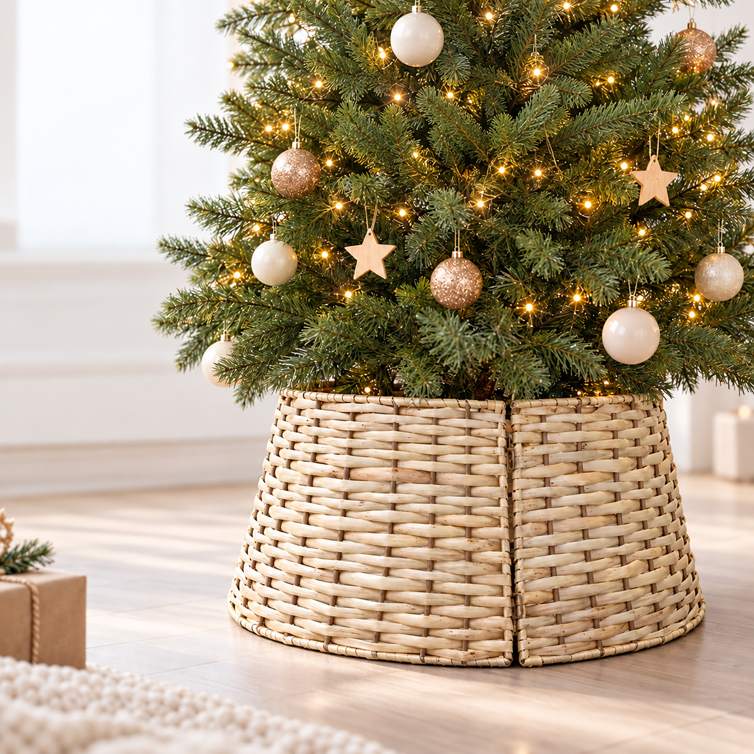 Ein geschmückter Tannenbaum im Weidenständer, beleuchtet von warmen Lichterketten.