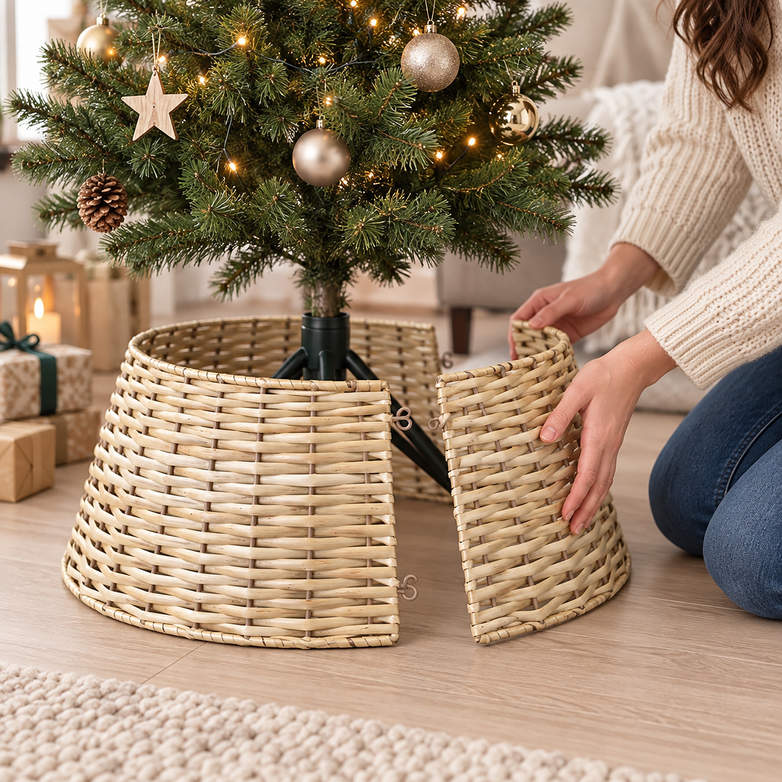 Eine Frau platziert einen Weiden-Weihnachtsbaumkragen um den Ständer eines geschmückten Weihnachtsbaums.