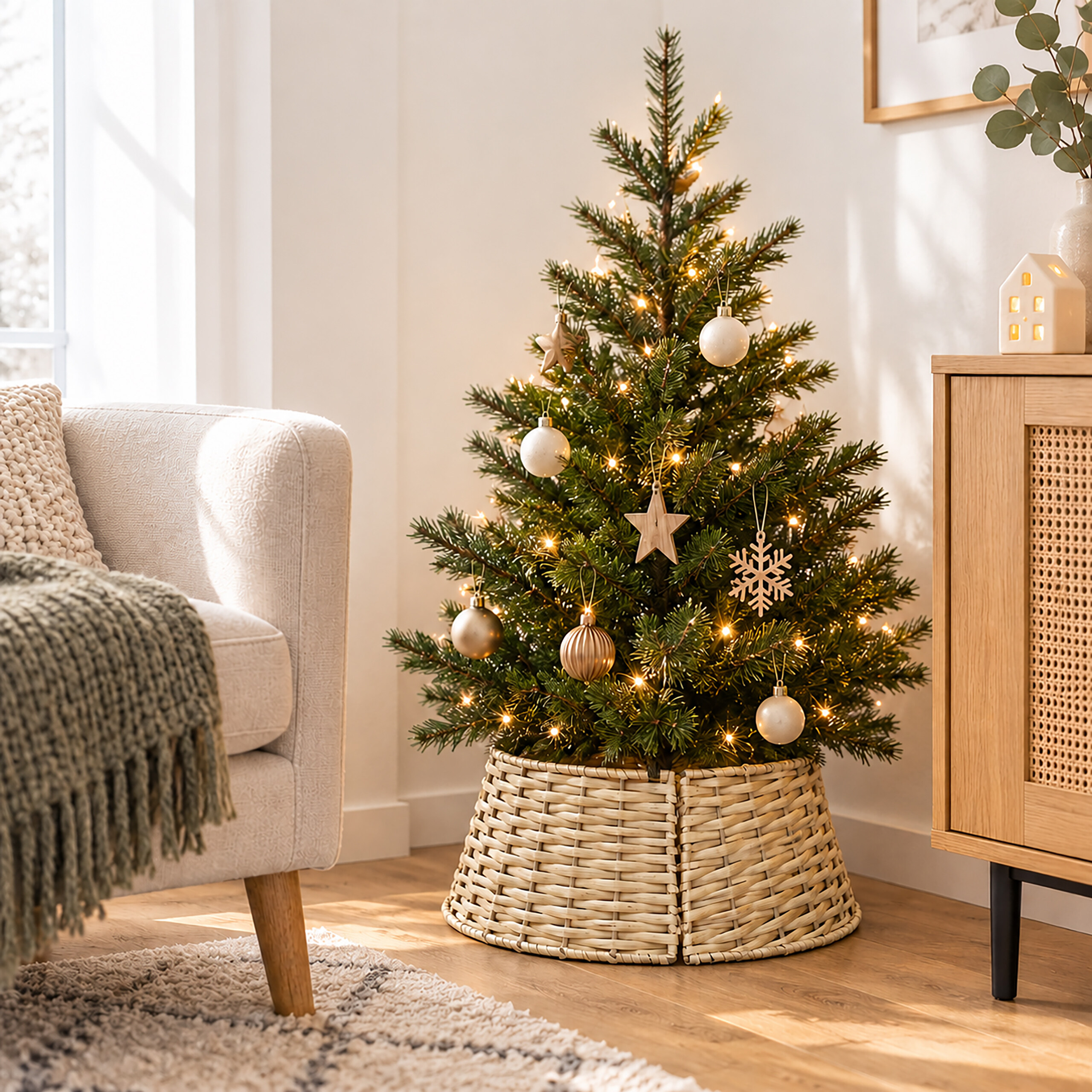Ein geschmückter Weihnachtsbaum in einem Weidenkorb steht in einem hellen Wohnzimmer neben einem Sessel.