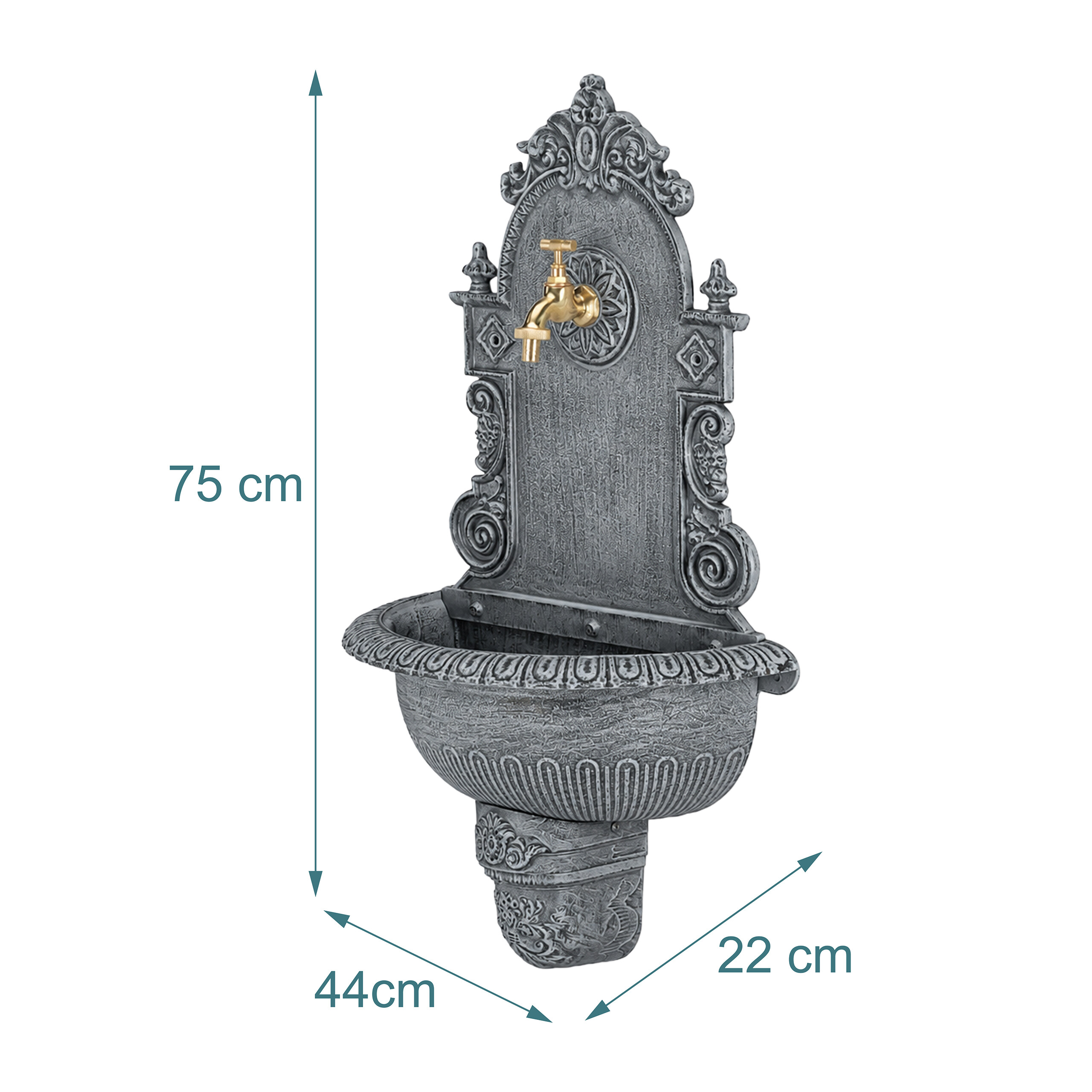 Grauer Wandbrunnen mit goldener Armatur und Maßen von 75x44x22 cm auf weißem Hintergrund.
