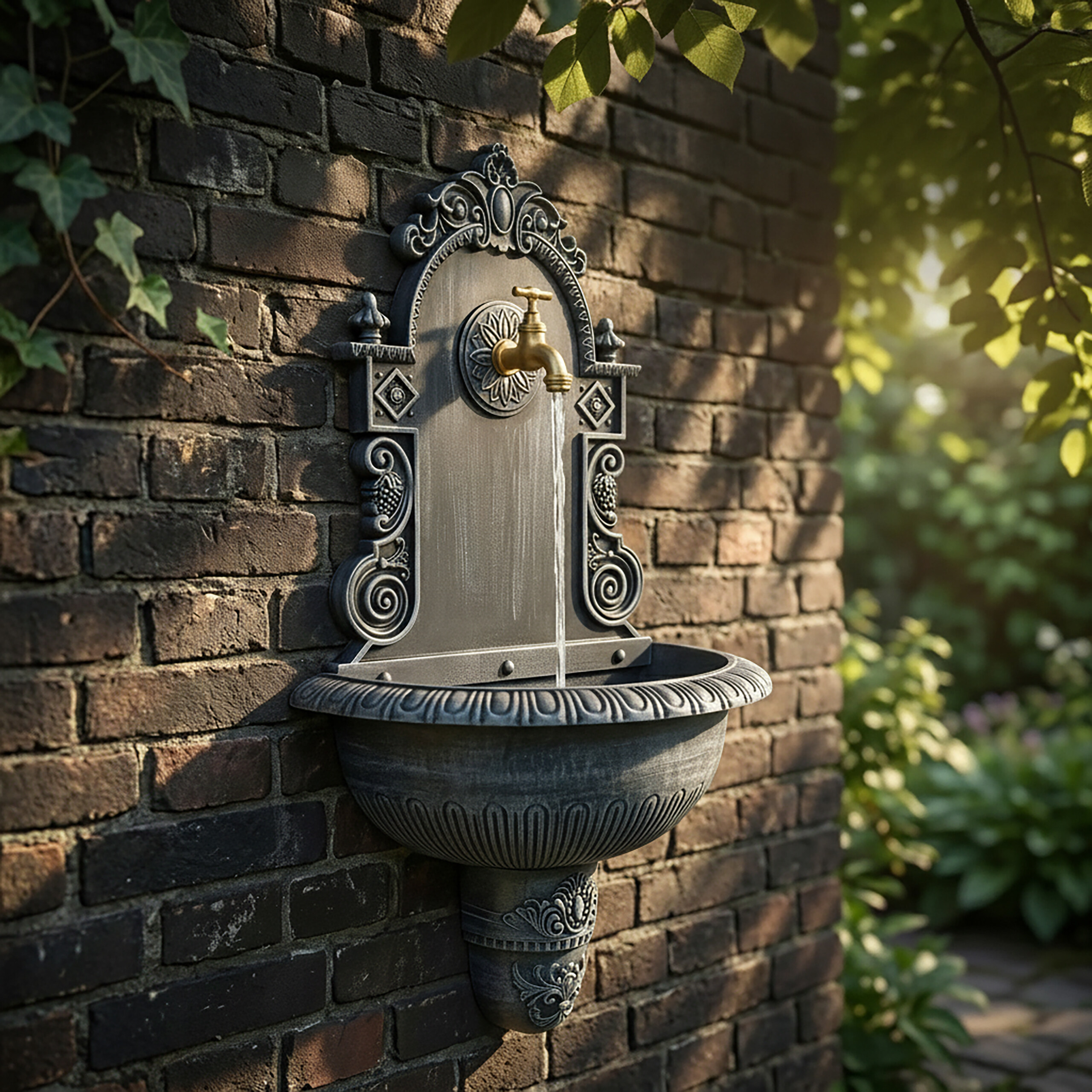 Ein antiker grauer Wandbrunnen mit goldenem Hahn an einer roten Ziegelwand im Garten.