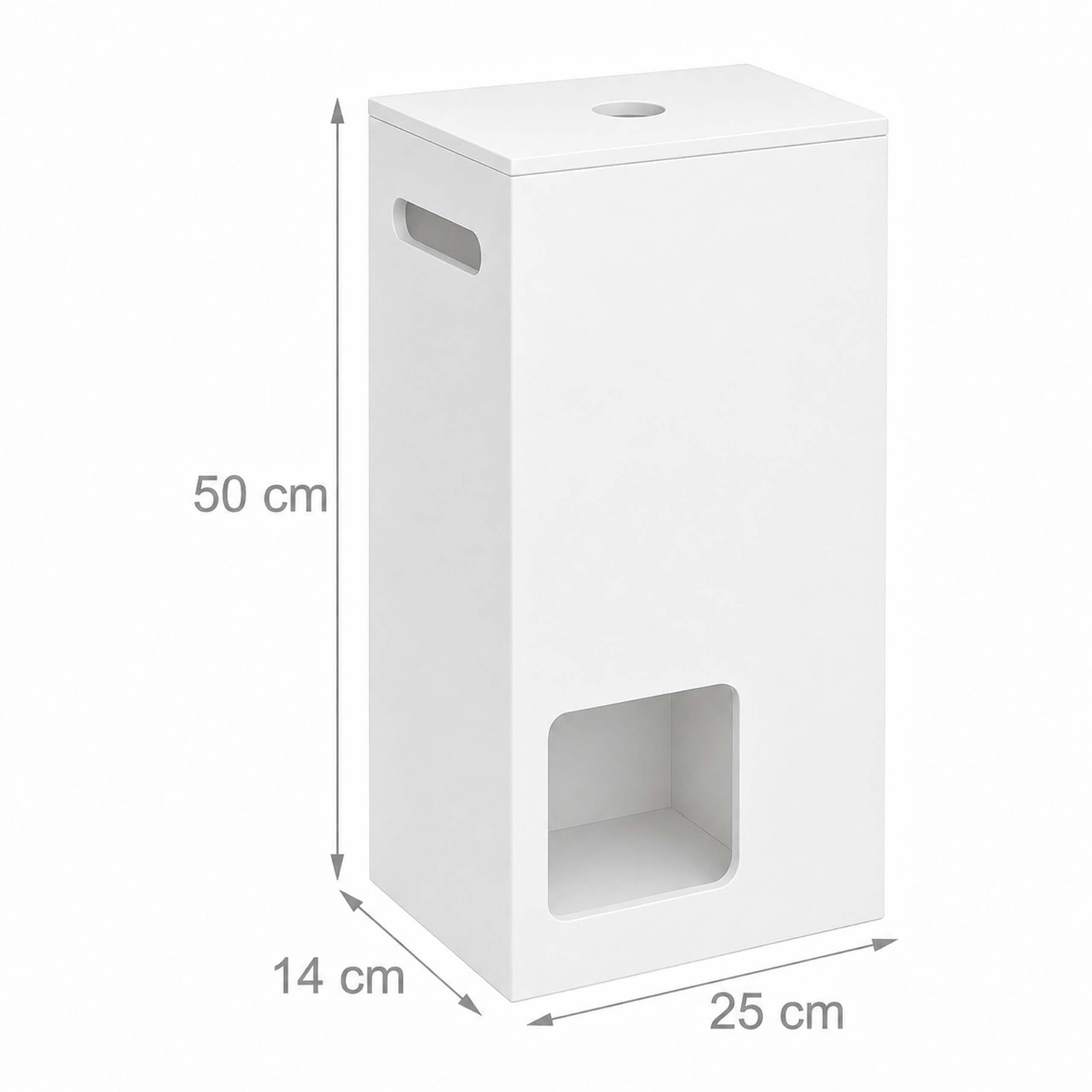 Ein weißer rechteckiger Aufbewahrungsschrank mit 50 cm Höhe, 25 cm Breite und 14 cm Tiefe.