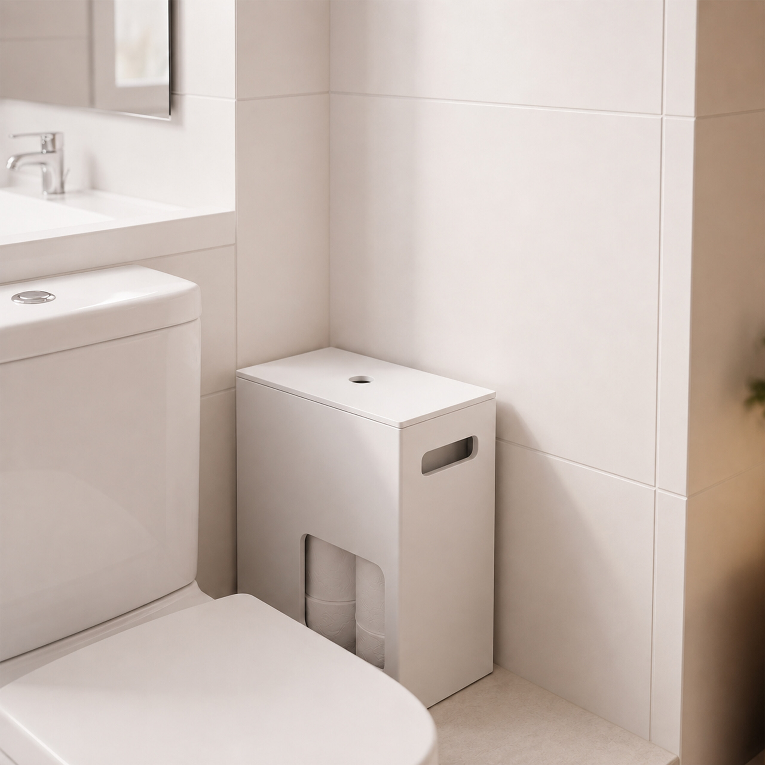 Ein weißer Toilettenpapierhalter neben einer Toilette in einem gefliesten Badezimmer.
