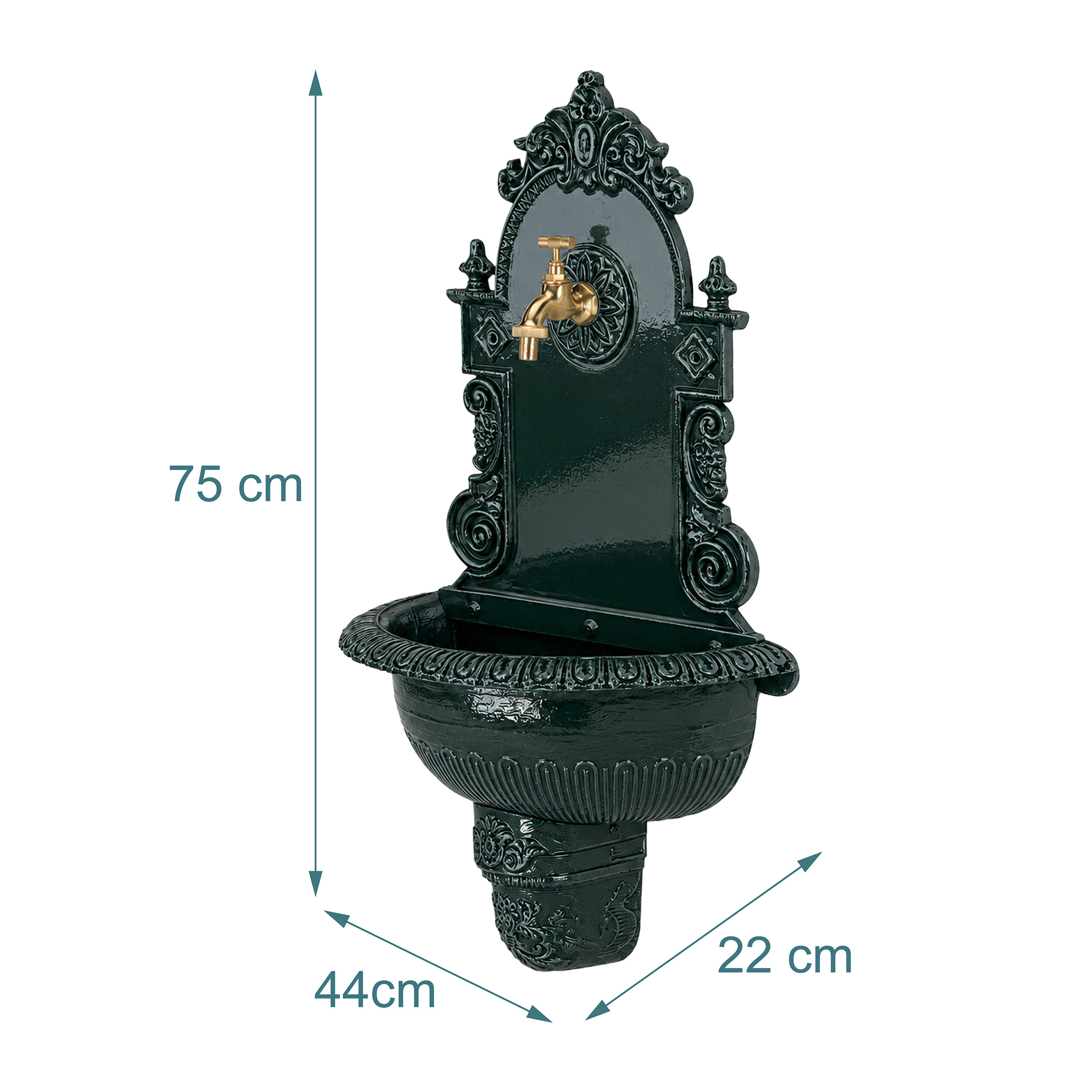 Grüner, antiker Wandbrunnen mit goldenem Wasserhahn und Maßen von 75 cm Höhe, 44 cm Breite und 22 cm Tiefe.
