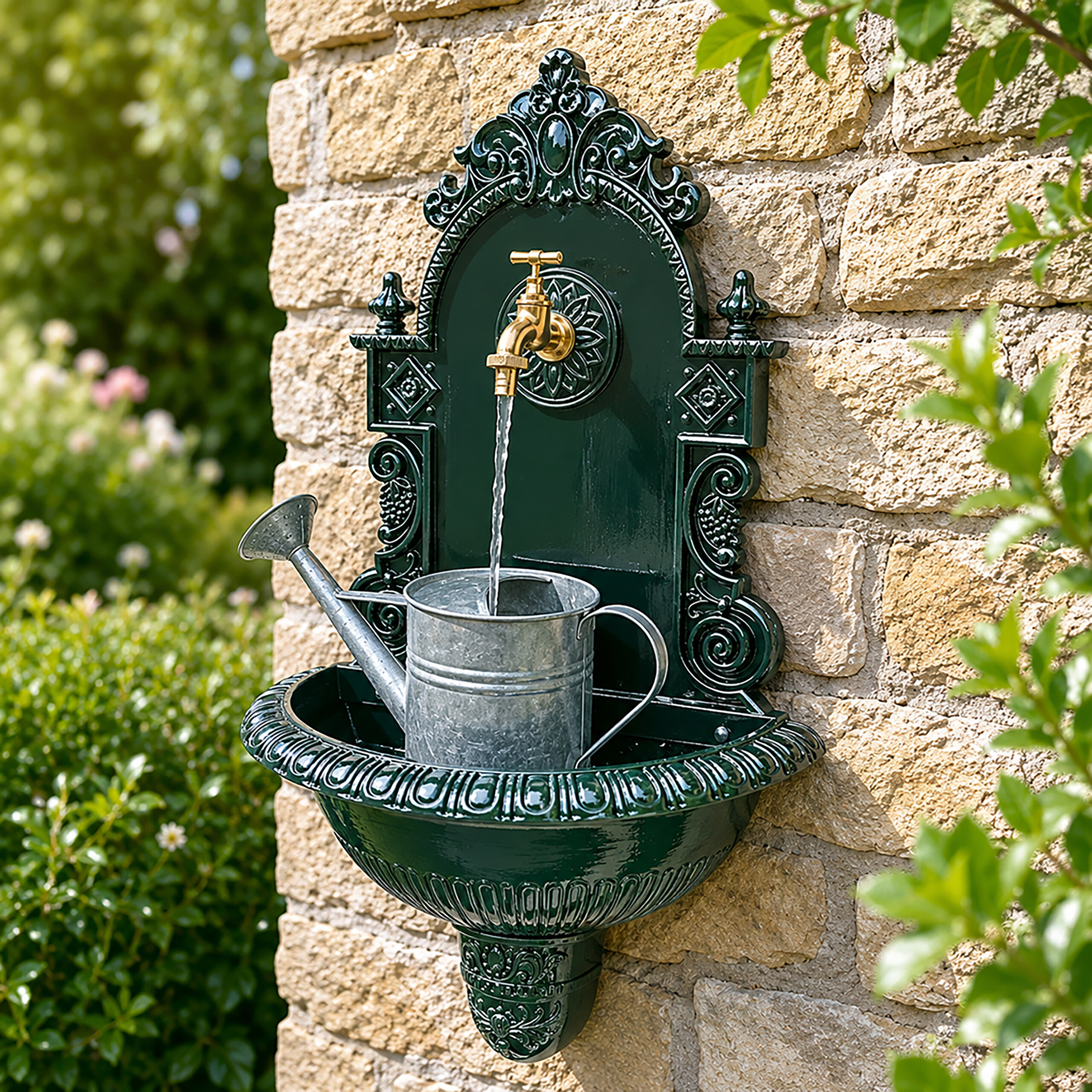 Ein grüner Wandbrunnen aus Gusseisen an einer Steinwand mit goldenem Wasserhahn, der in eine Zinkkanne fließt.