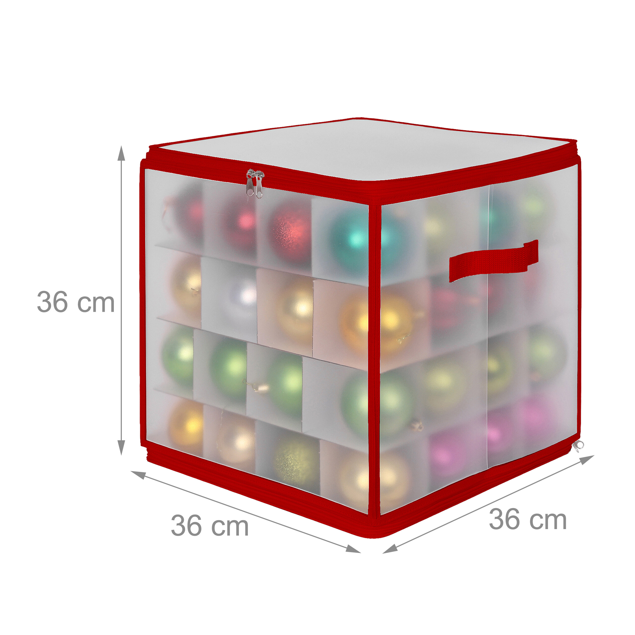 Transparente Aufbewahrungsbox mit roten Kanten und Weihnachtskugeln im Inneren, Maße 36x36x36 cm.