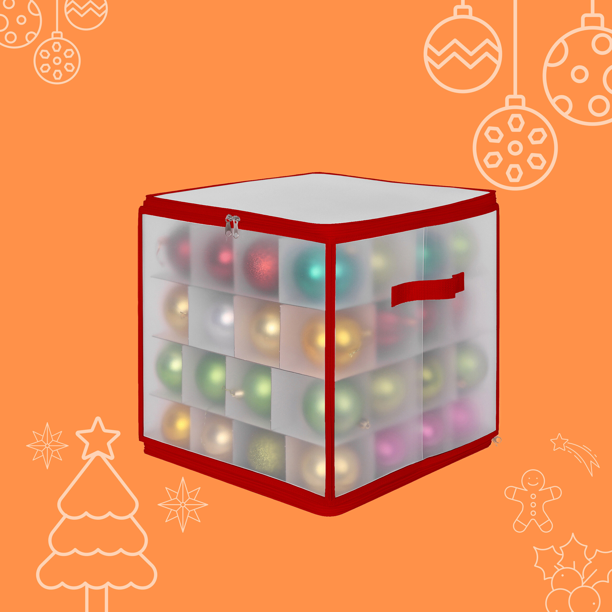 Transparente Aufbewahrungsbox mit rotem Rand, gefüllt mit bunten Weihnachtskugeln vor orangem Hintergrund.