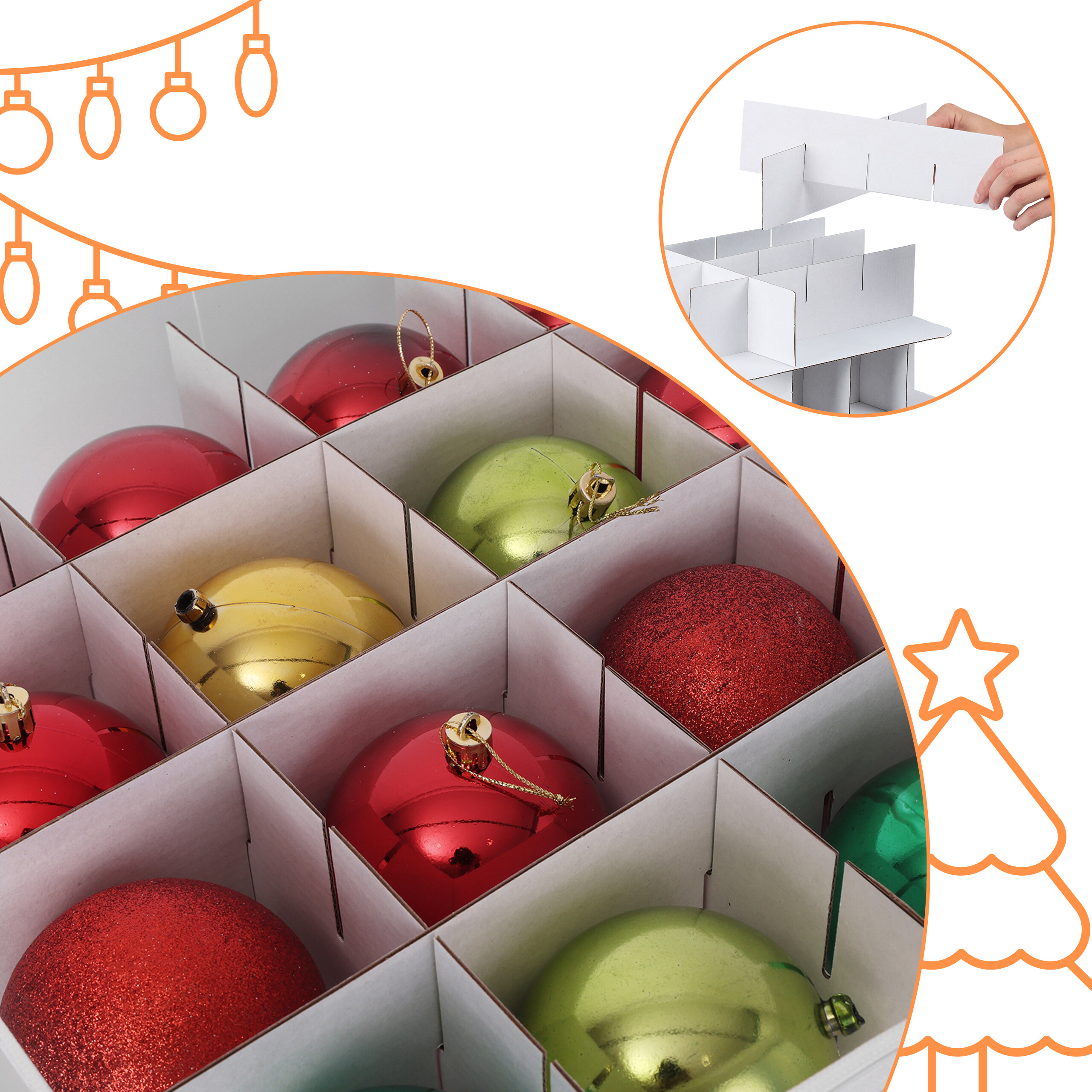 Blick in eine Pappschachtel mit bunten Weihnachtskugeln; oben rechts setzt eine Hand Kartonteiler zusammen.