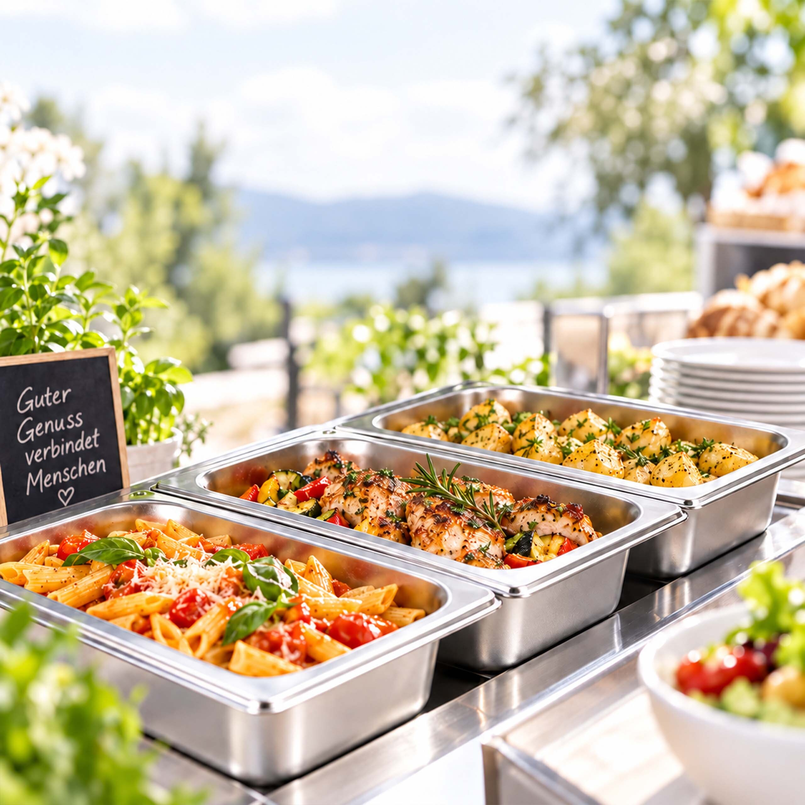 Ein Buffett mit Penne, Hähnchen, Kartoffeln und Salat im Freien mit Seeblick.