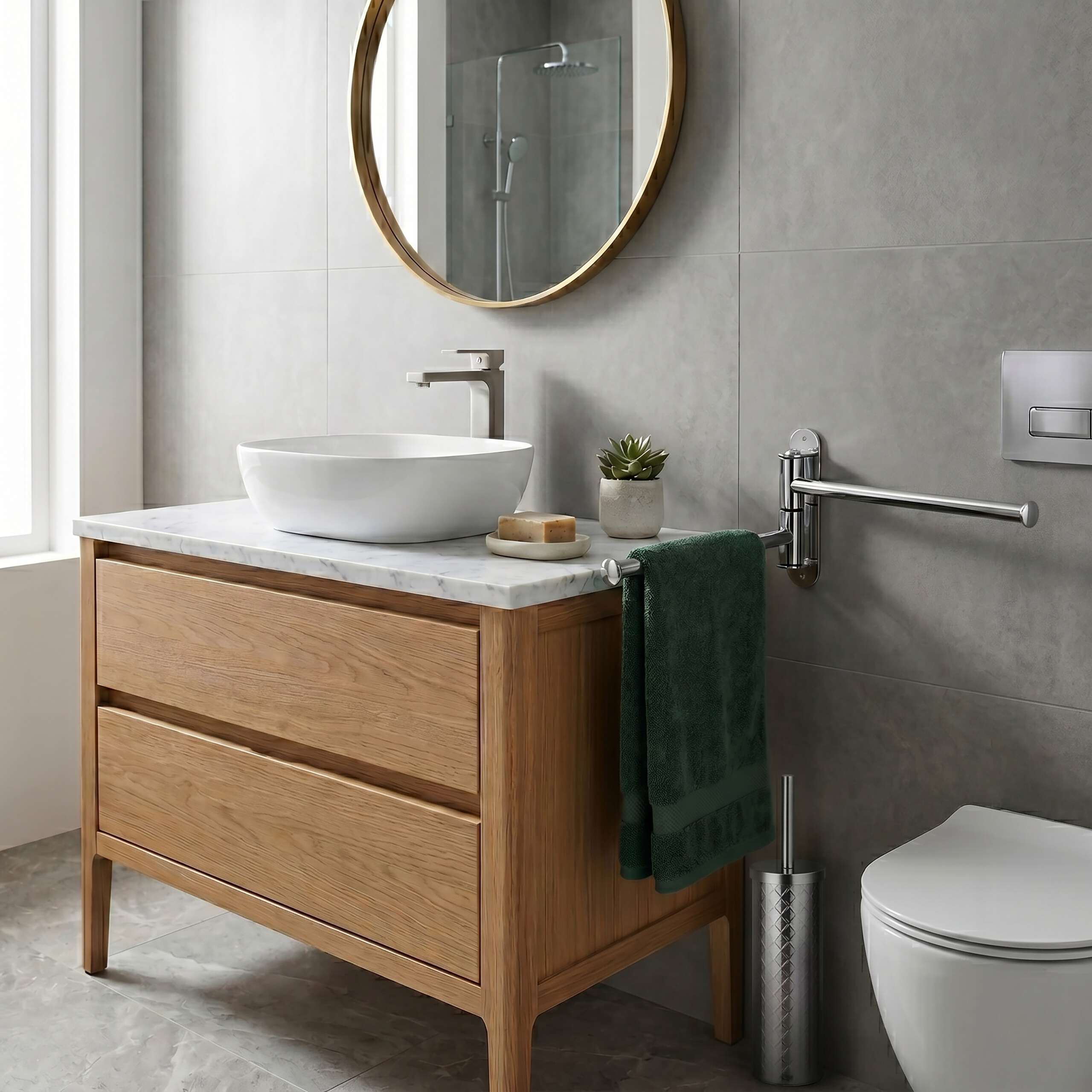 Modernes Badezimmer mit Waschtisch aus Holz, weißem Waschbecken, runden Spiegel und Toilette vor grauen Fliesen.