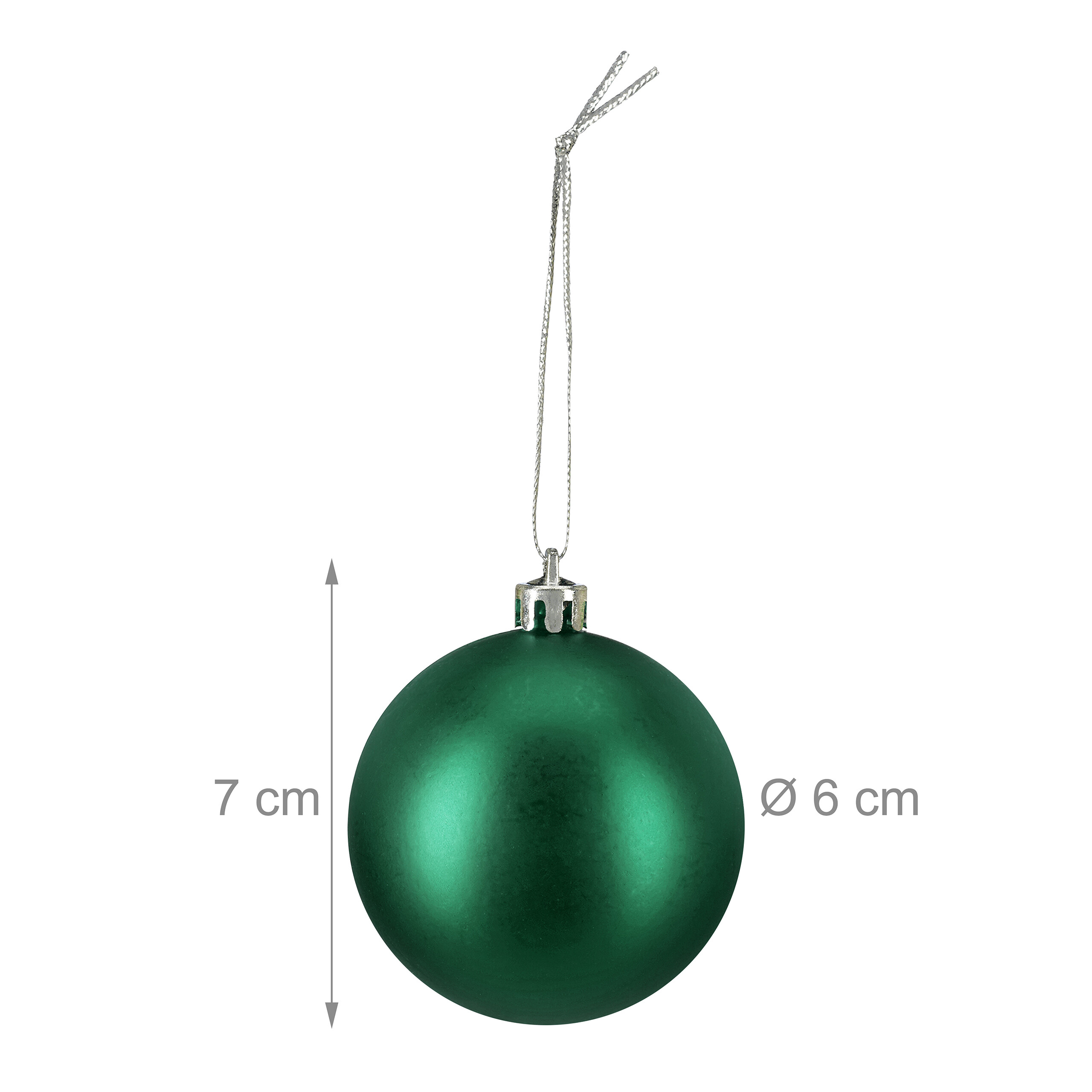 Grüne Weihnachtskugel mit Aufhängeband, 7 cm hoch und 6 cm Durchmesser, vor weißem Hintergrund.