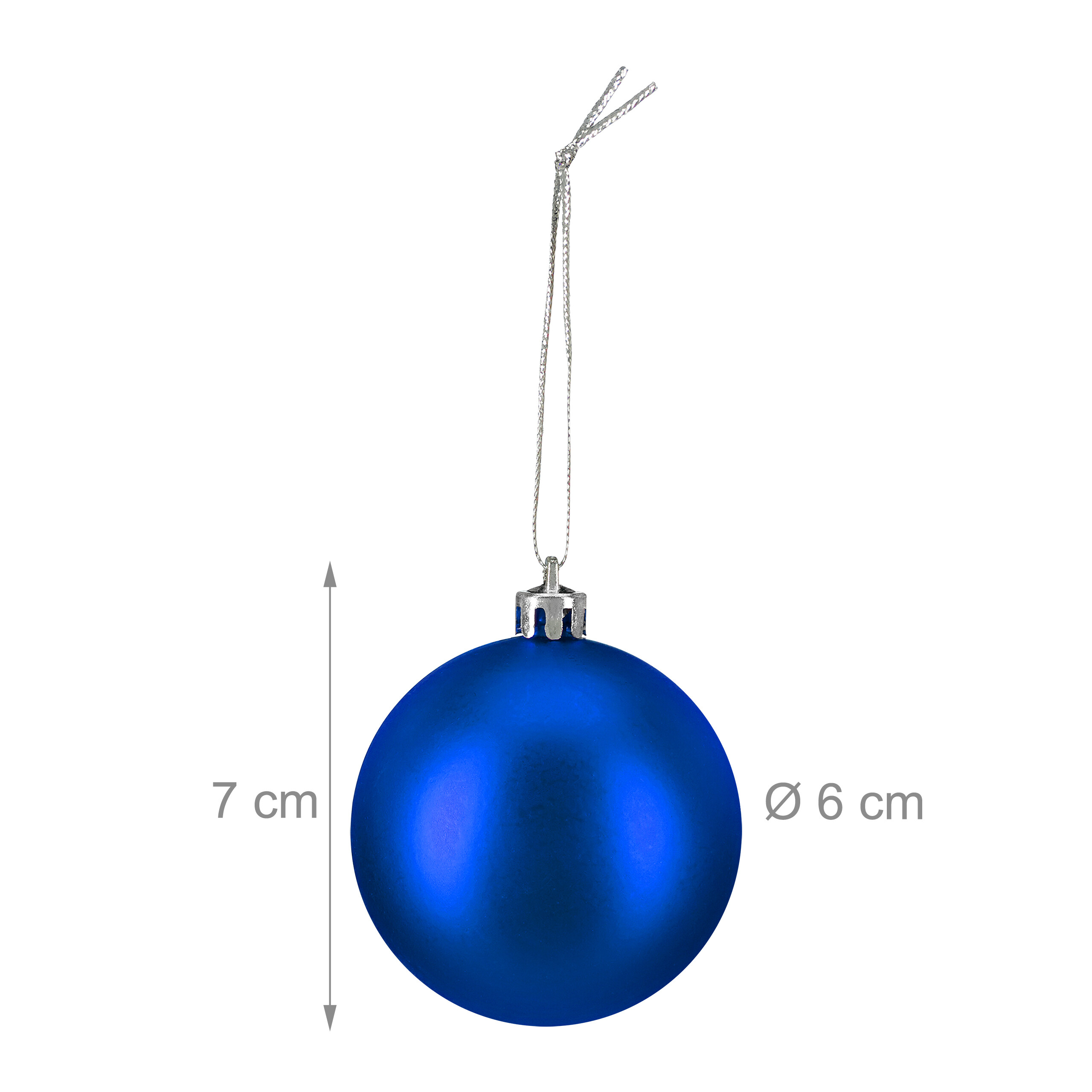 Blaue Weihnachtskugel mit silbernem Aufhänger, 6 cm Durchmesser und 7 cm Höhe inklusive Kappe.