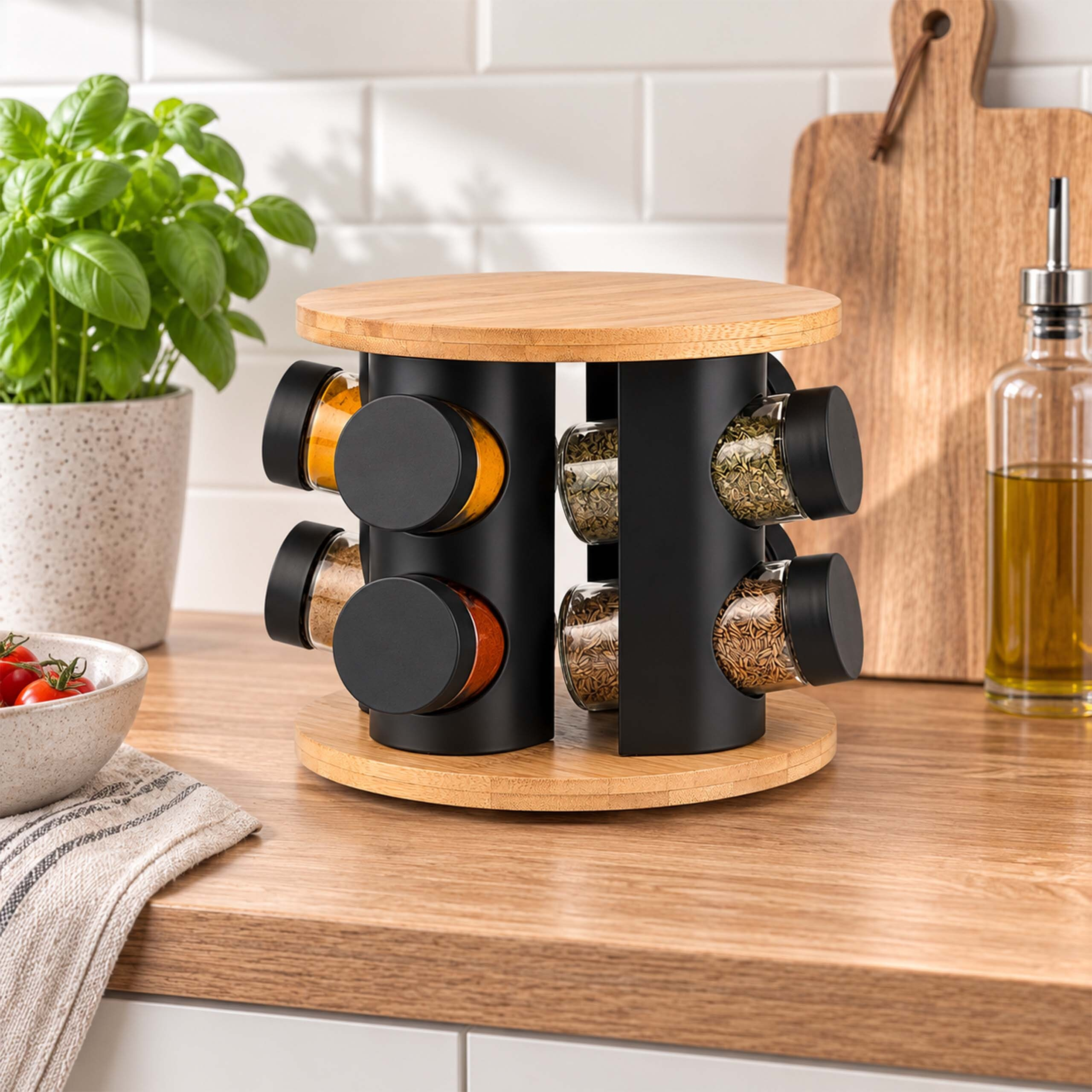 Ein drehbarer Gewürzhalter aus Holz und Schwarz mit Gewürzgläsern steht auf einer Holzarbeitsplatte in einer Küche.