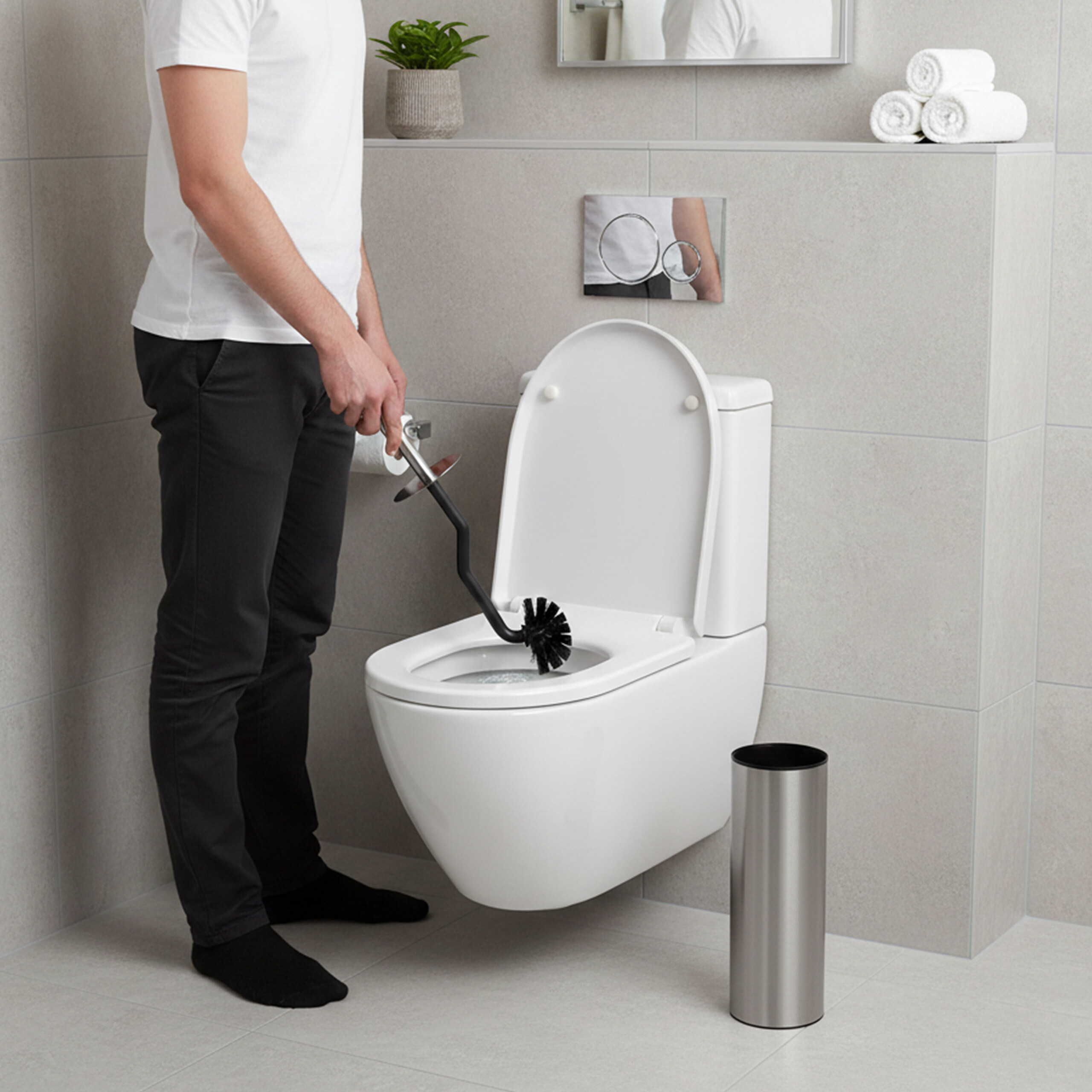 Ein Mann in weißem Shirt und dunkler Hose reinigt in einem gefliesten Bad eine weiße Toilette.