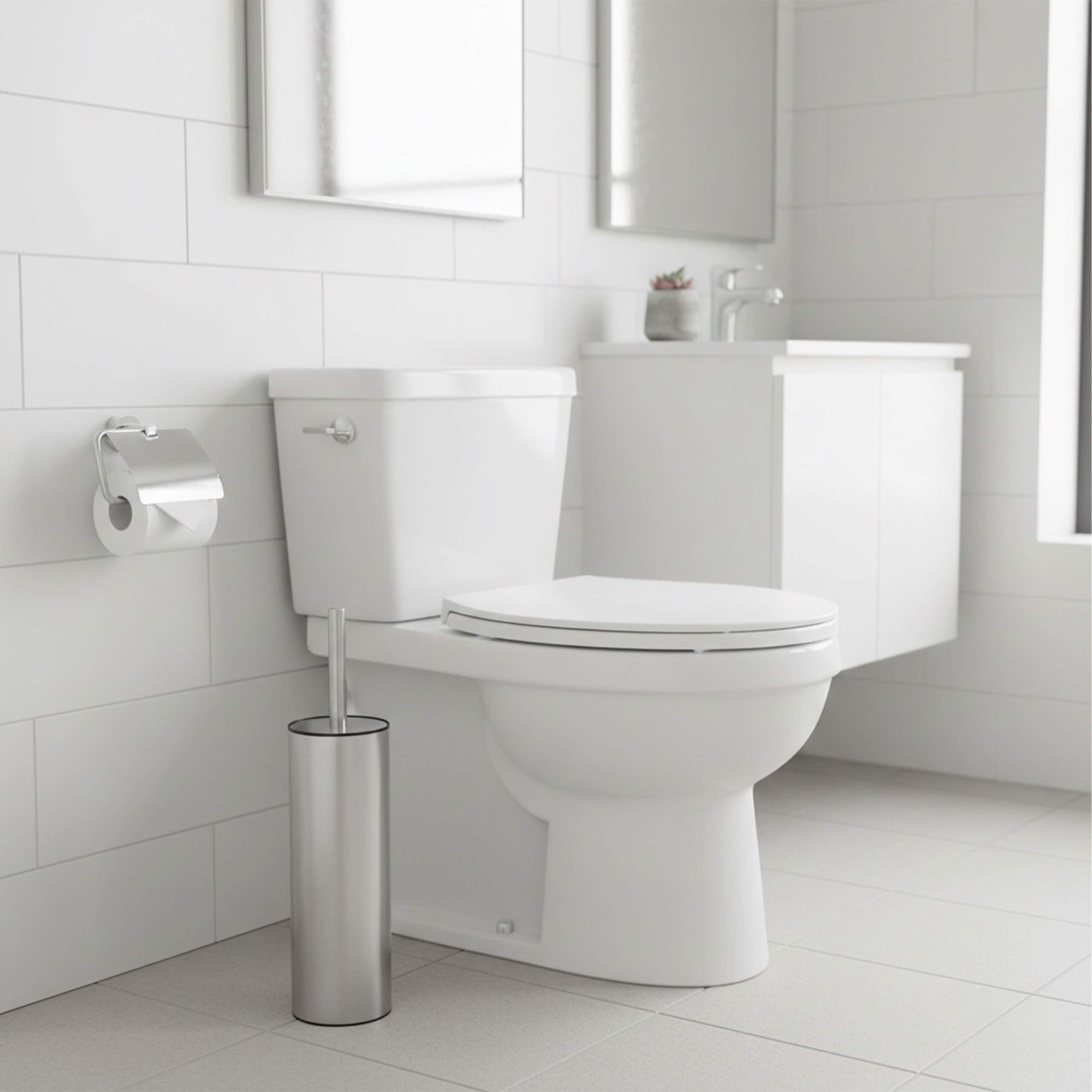Ein weißes WC in einem modernen, hellen Badezimmer mit weißen Fliesen, Toilettenpapierhalter und einer WC-Bürste.