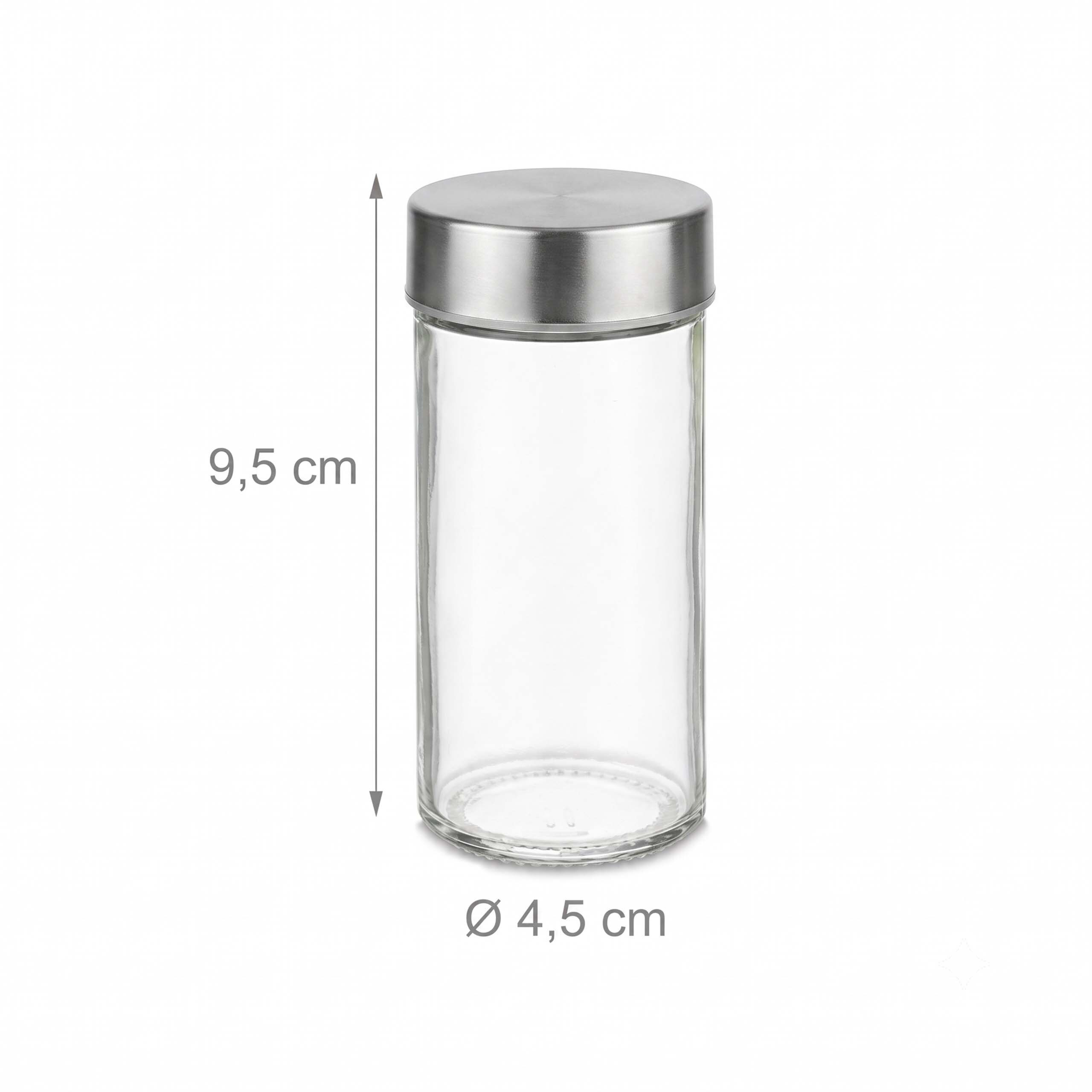 Ein gläsernes Gewürzglas mit silbernem Deckel, 9,5 cm hoch und 4,5 cm im Durchmesser.