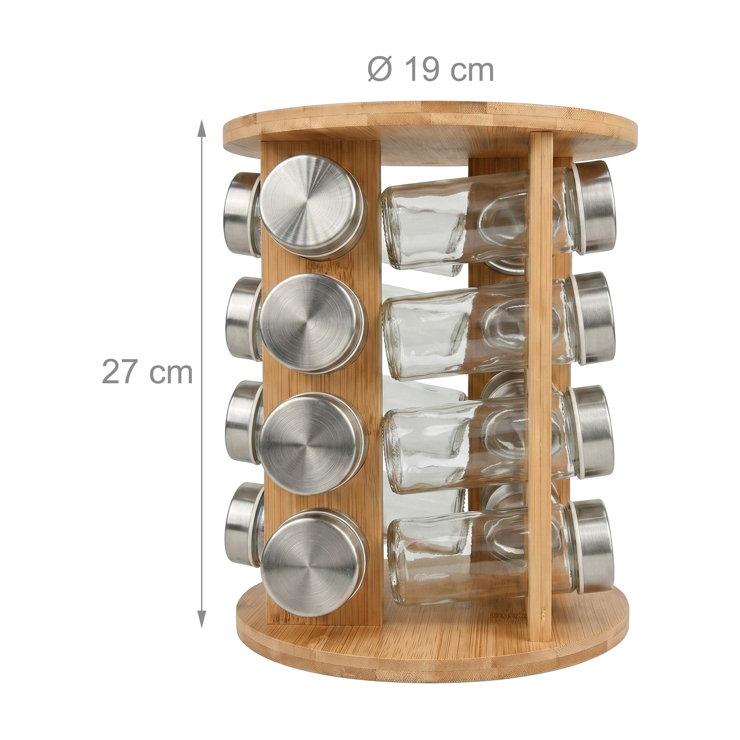 Ein rundes, zweistöckiges Gewürzregal aus Bambus mit 16 Glasdosen und Edelstahldeckeln, Höhe 27 cm, Durchmesser 19 cm.