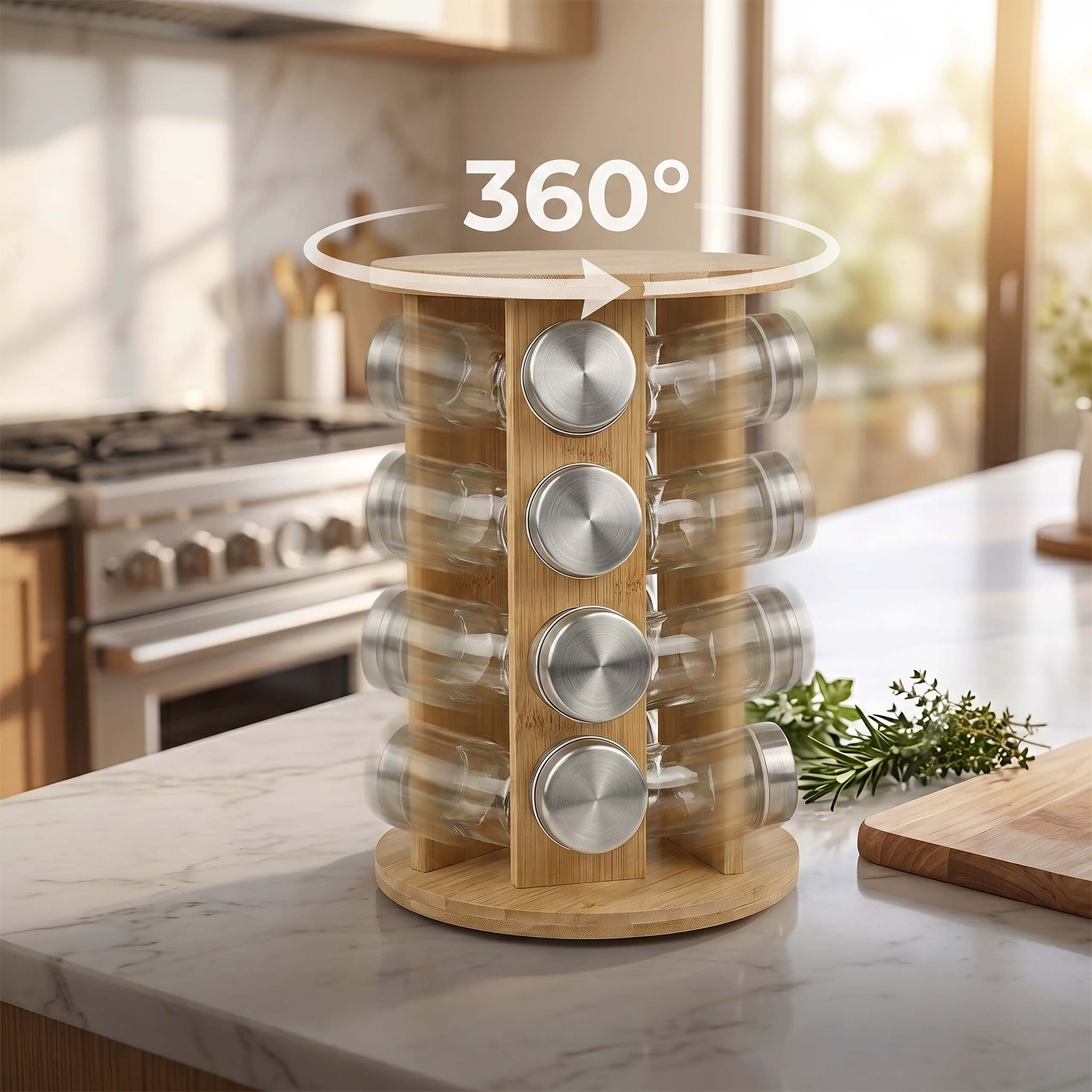 Ein 360 Grad drehbares Gewürzregal aus Holz mit Glasbehältern auf einer Küchenarbeitsplatte.