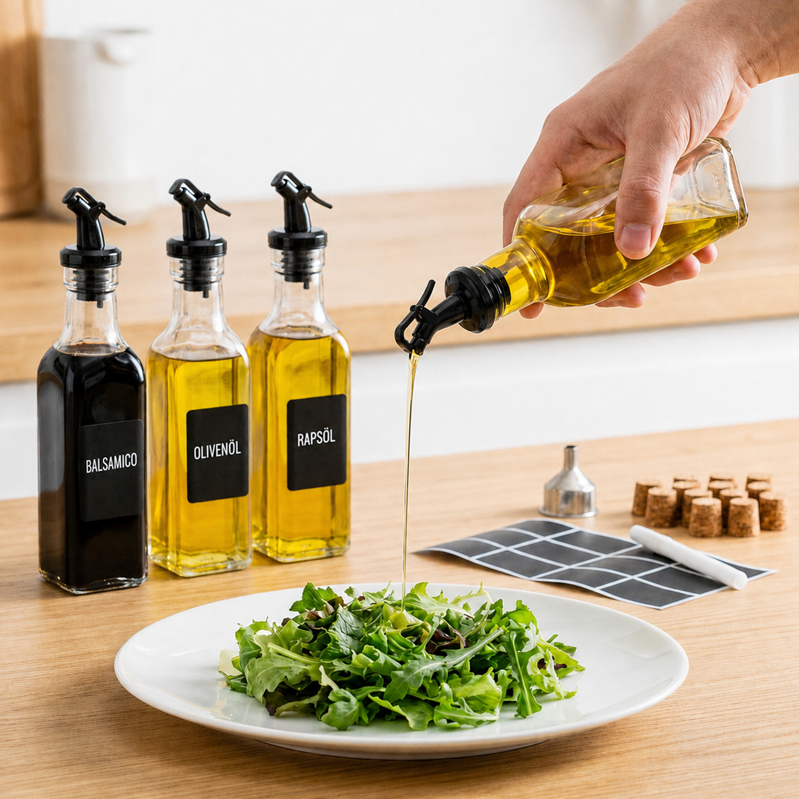 Hand gießt Öl aus einer Glasflasche auf einen SalatTeller, mit drei Flaschen im Hintergrund.