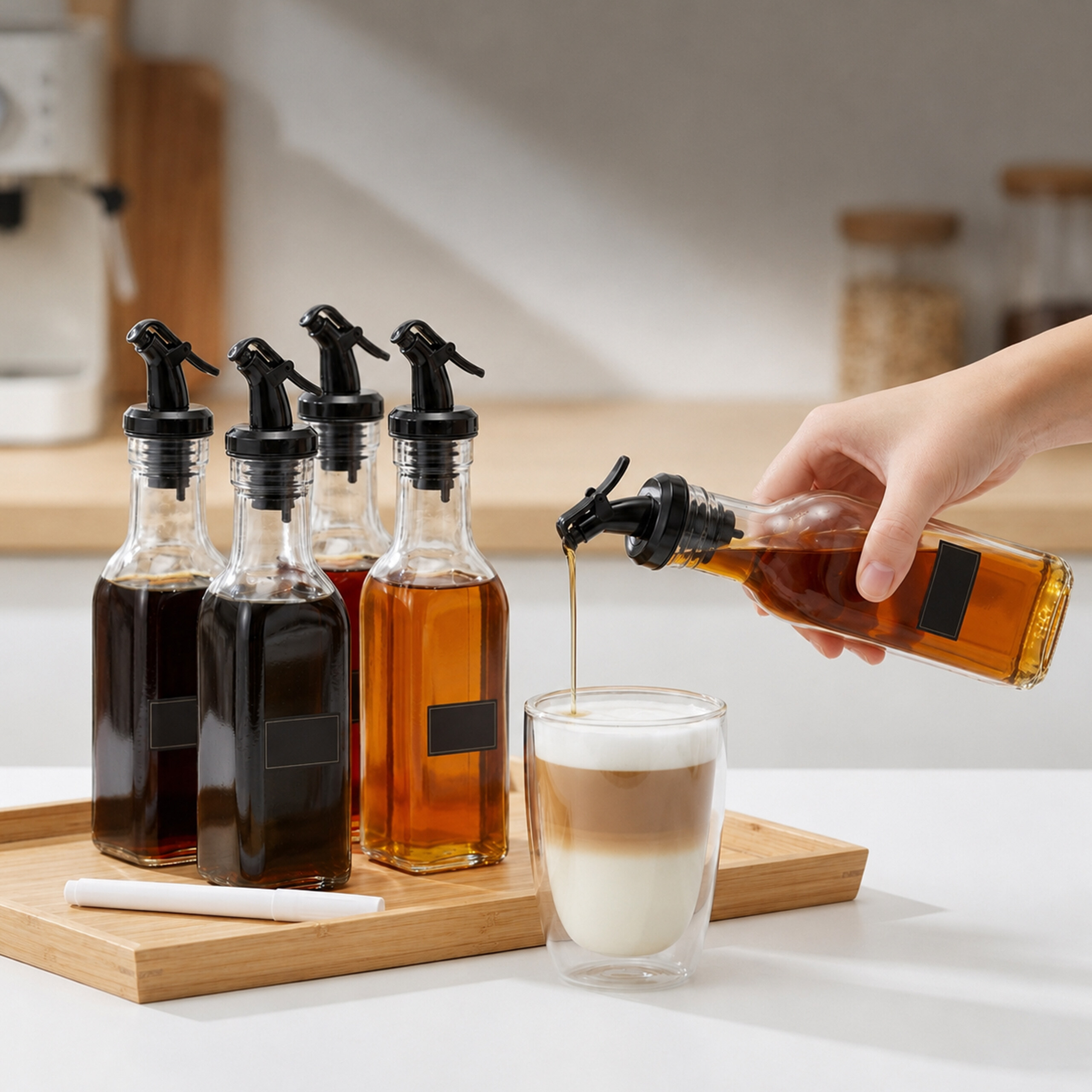 Eine Hand gießt Sirup aus einer Glasflasche in einen Latte macchiato, neben vier weiteren Flaschen auf einem Tablett.
