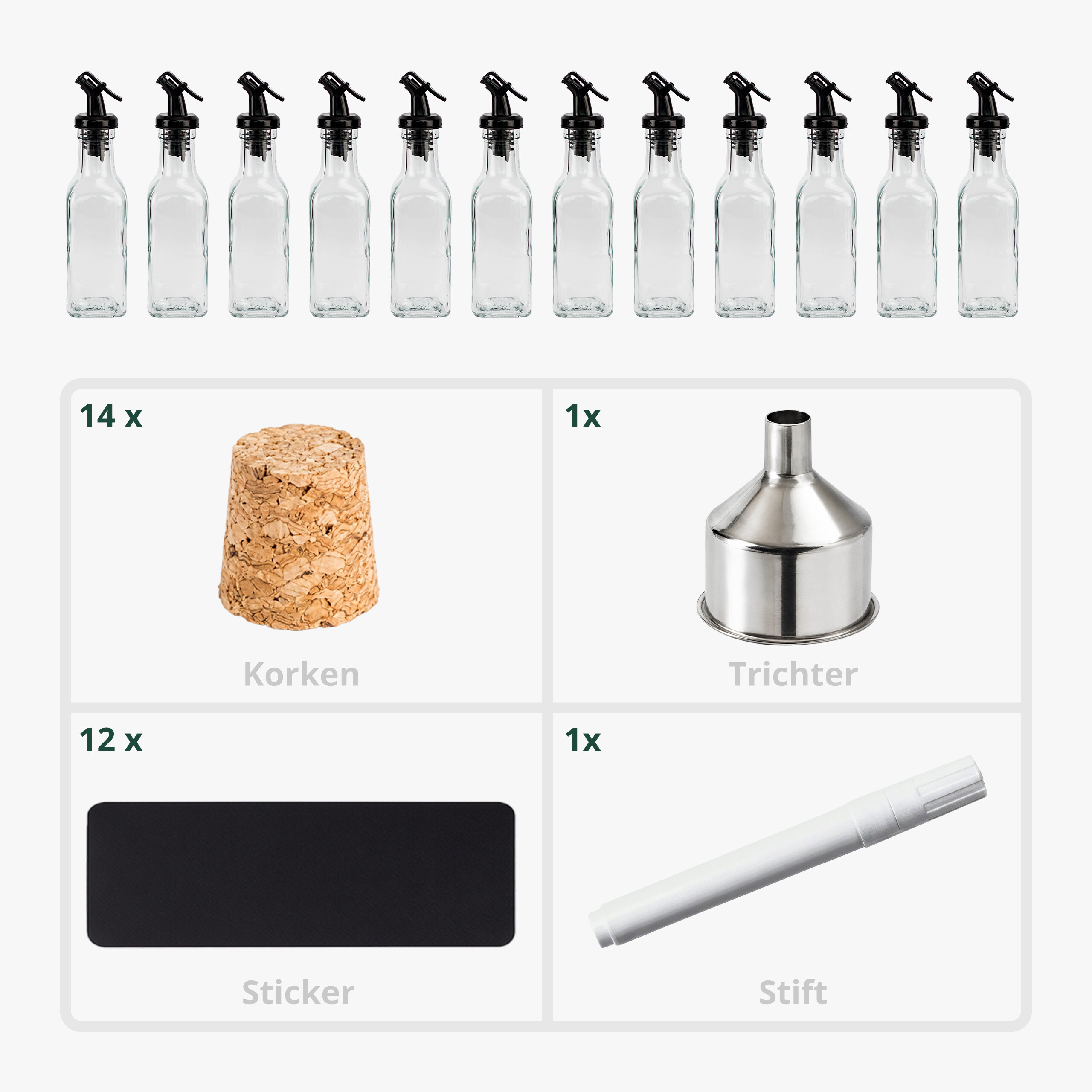 Ein Set mit zwölf Glasflaschen, Korken, einem Edelstahltrichter, schwarzen Etiketten und einem weißen Stift.