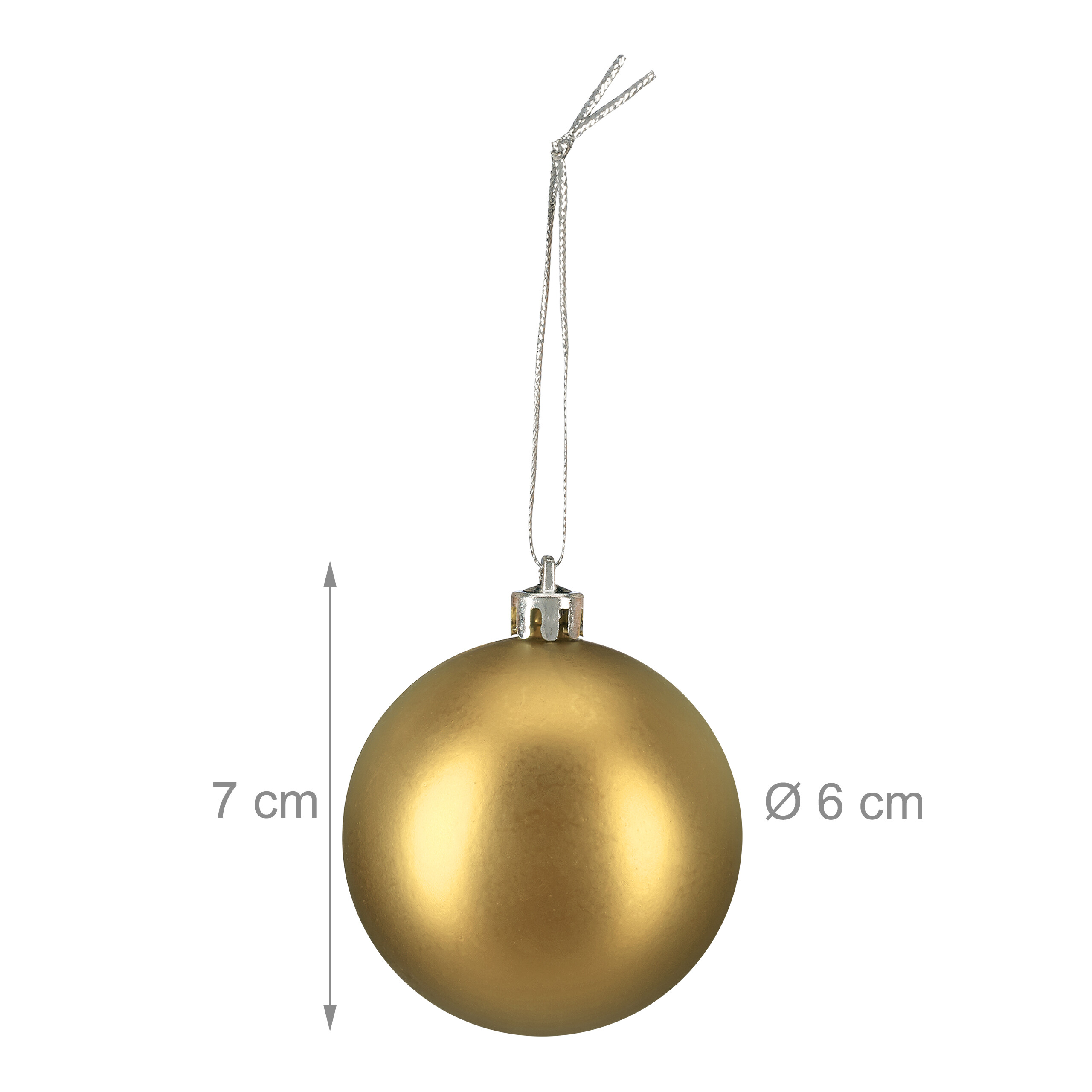 Goldene Weihnachtskugel mit silberner Aufhängung und Maßangaben.