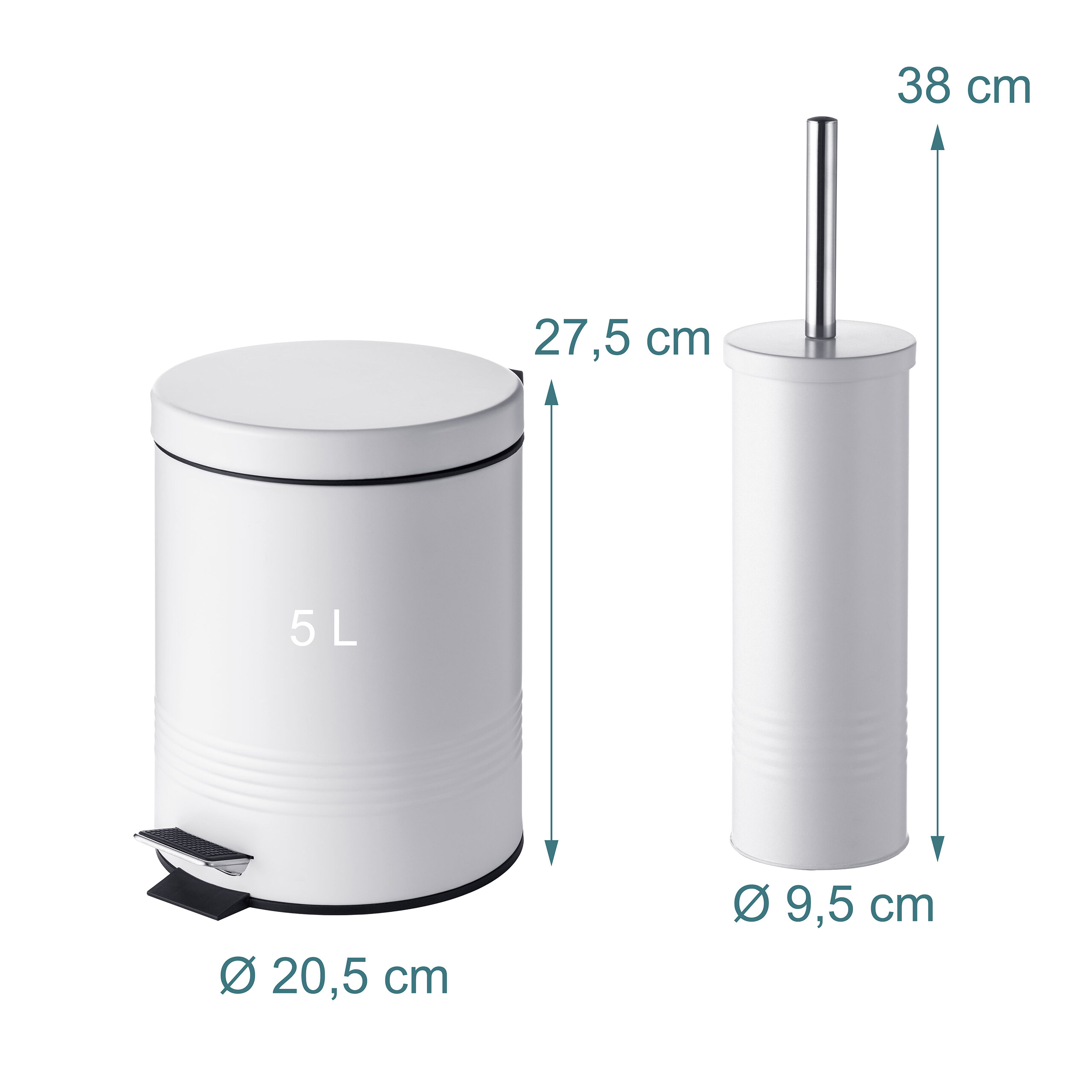 Weißer 5L-Treteimer und Klobürsten-Set mit Maßen auf weißem Hintergrund.