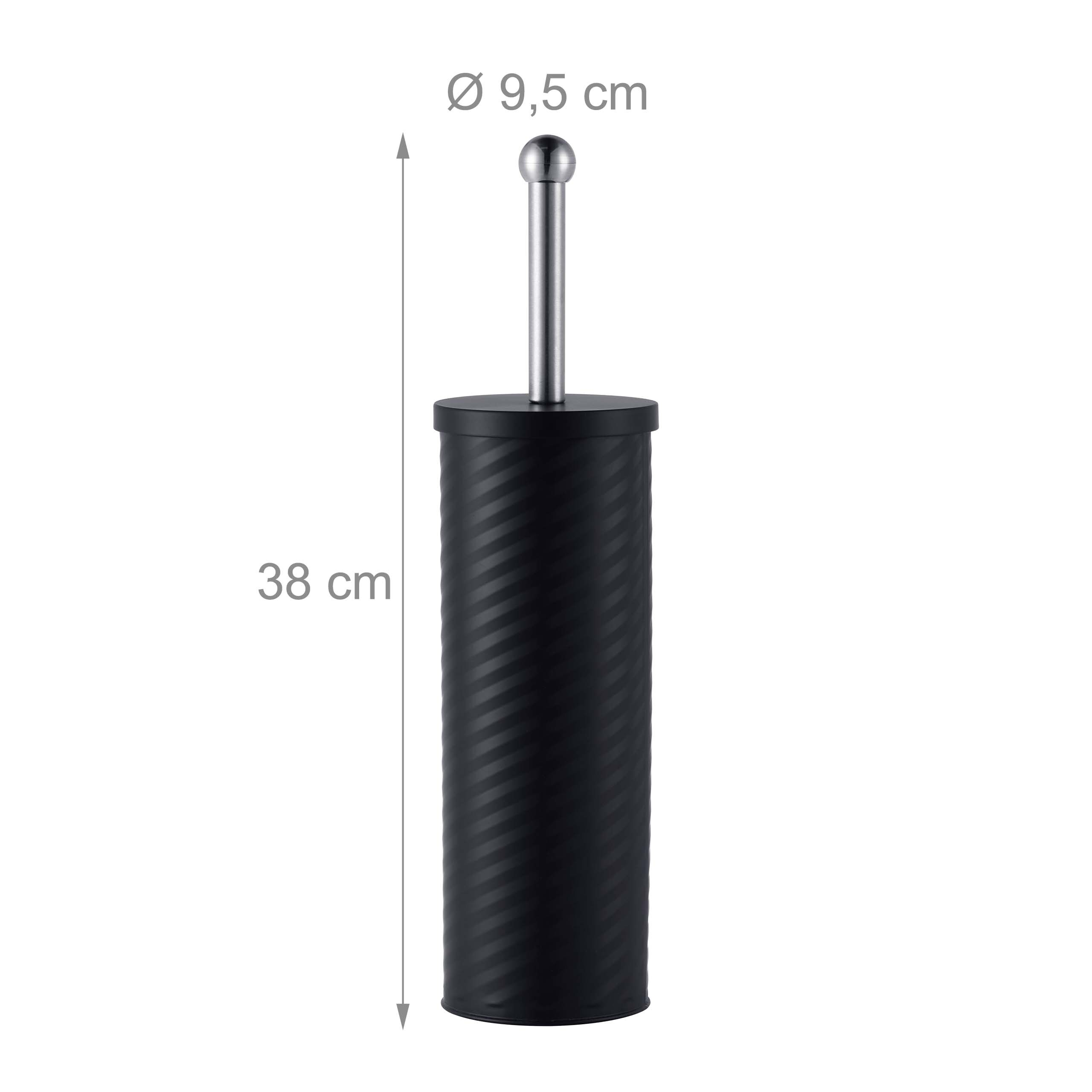Schwarze Toilettenbürste mit Edelstahlgriff, 38 cm hoch und 9,5 cm im Durchmesser.