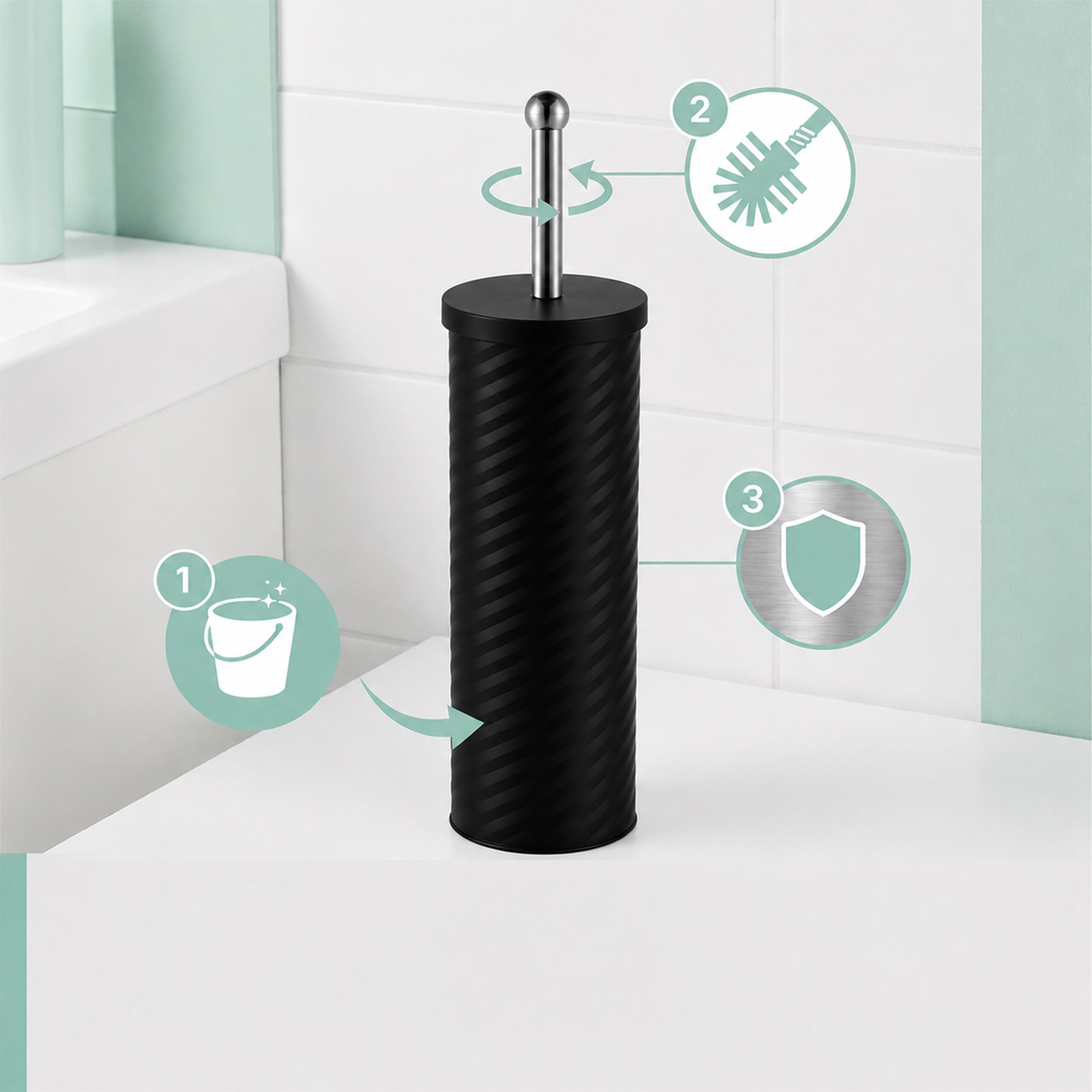 Schwarze Toilettenbürste mit Edelstahlgriff und drei erklärenden Infografiken im Badezimmer.