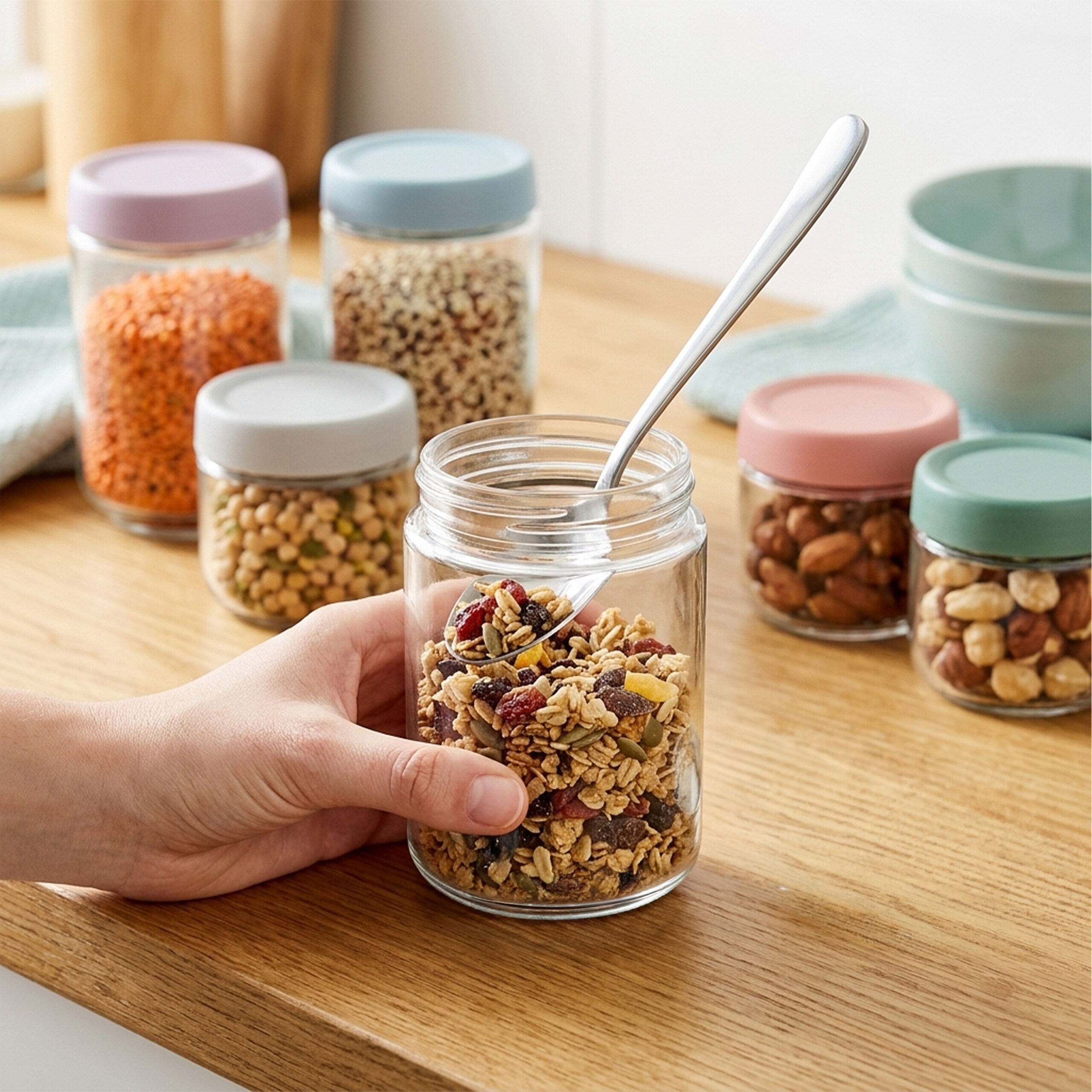 Hand hält ein offenes Glas mit Müsli, während weitere gefüllte Gläser auf einer Holzoberfläche stehen.