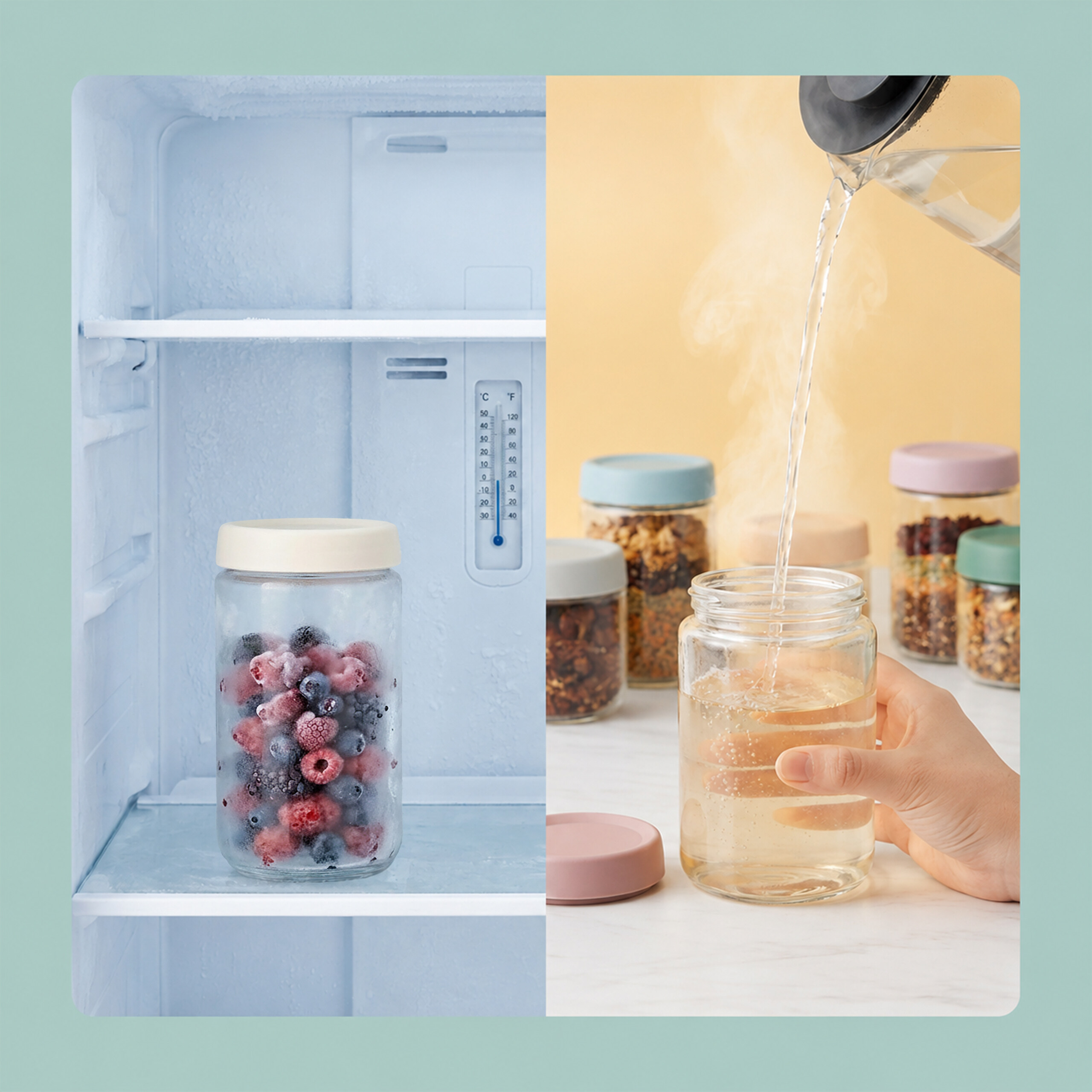 Linke Seite zeigt gefrorene Beeren in einem Glas im Kühlschrank; rechte Seite zeigt kochendes Wasser, das in ein Glas gegossen wird.