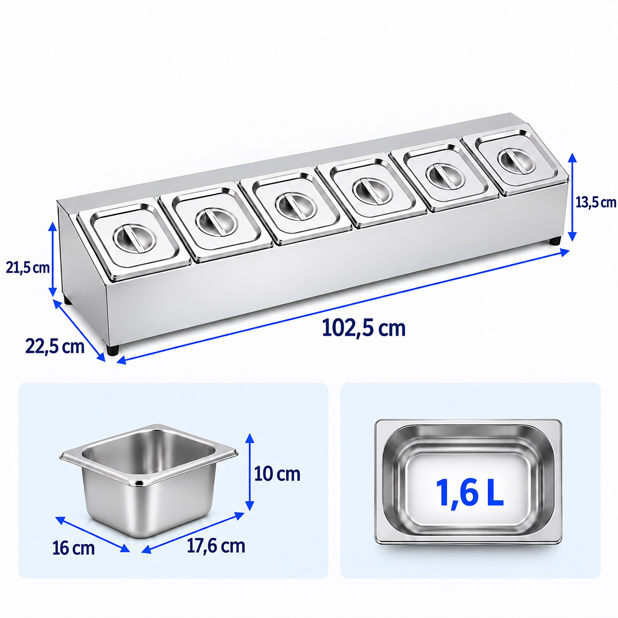 Edelstahl-Gewürzspender mit sechs Bechern, Maßangaben und 1,6L Inlay.