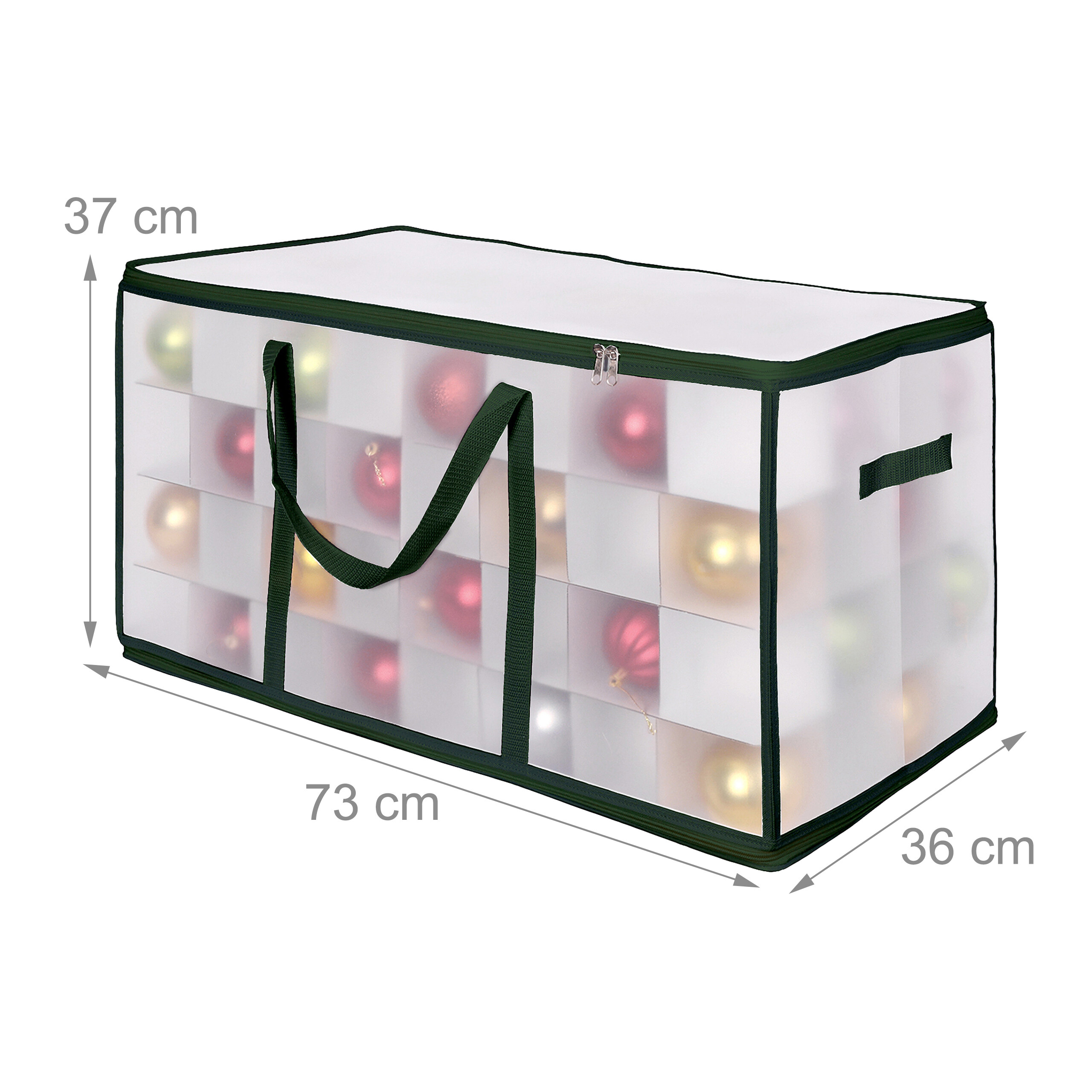 Transparente Aufbewahrungstasche mit Weihnachtskugeln, Maße 73x36x37 cm.
