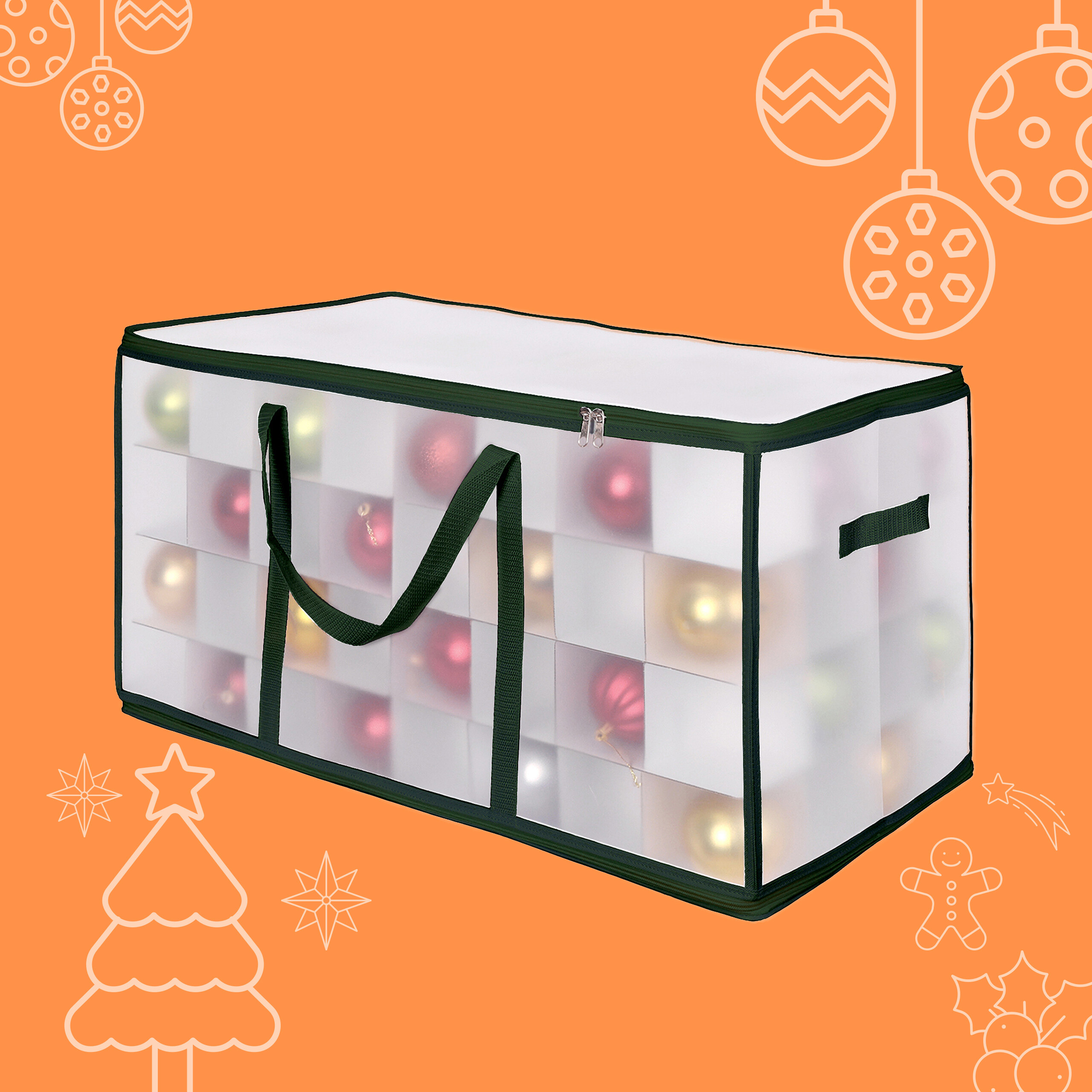 Transparente Aufbewahrungstasche mit grünem Rand und roten sowie goldenen Kugeln vor orangenem Weihnachtshintergrund.