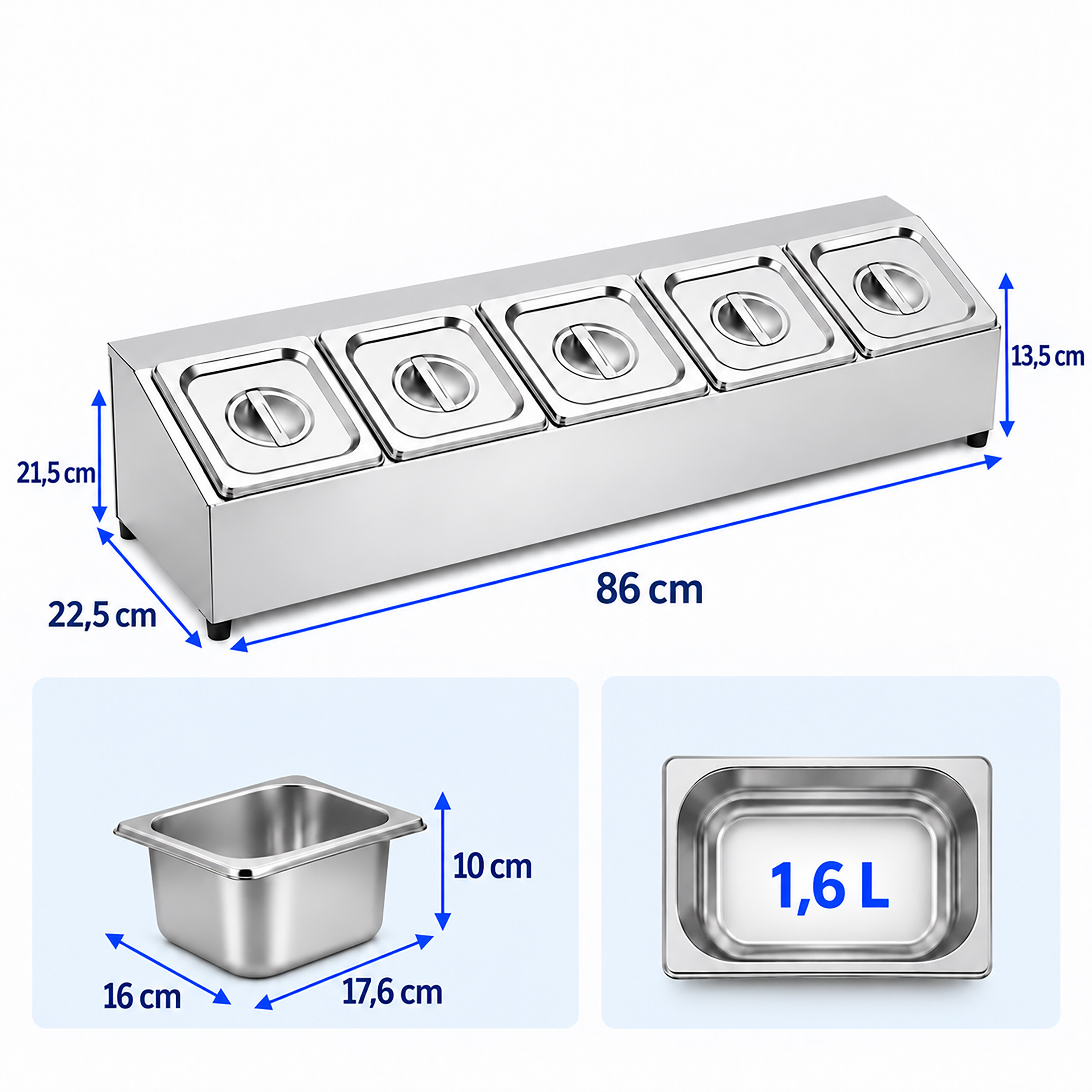 Edelstahl-Bain-Marie mit fünf GN-Behältern, inklusive Abmessungen und 1,6-Liter-Fassungsvermögen.