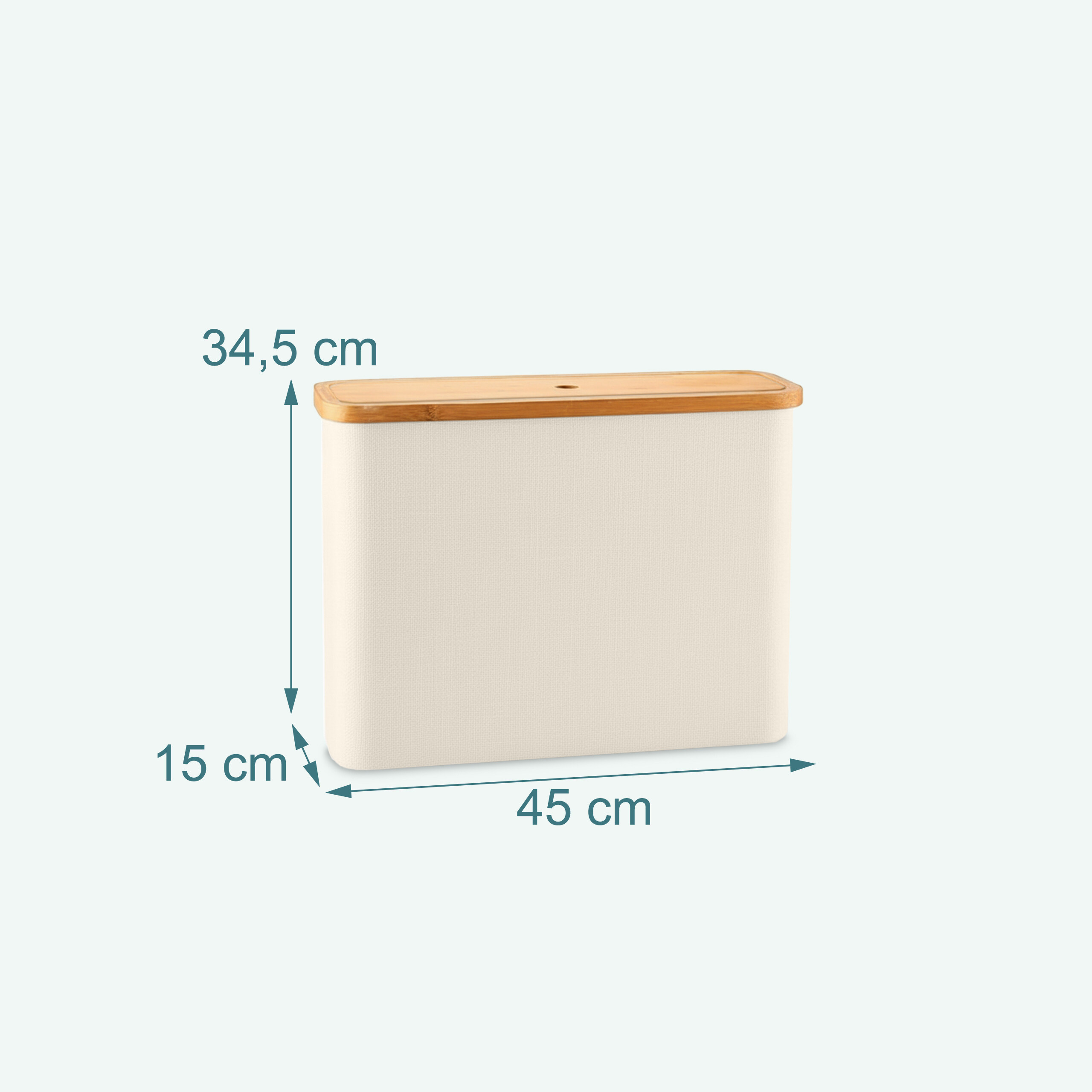Ein beiger, rechteckiger Aufbewahrungsbehälter mit Holzledeckel, Maße 45 cm lang, 15 cm breit und 34,5 cm hoch.