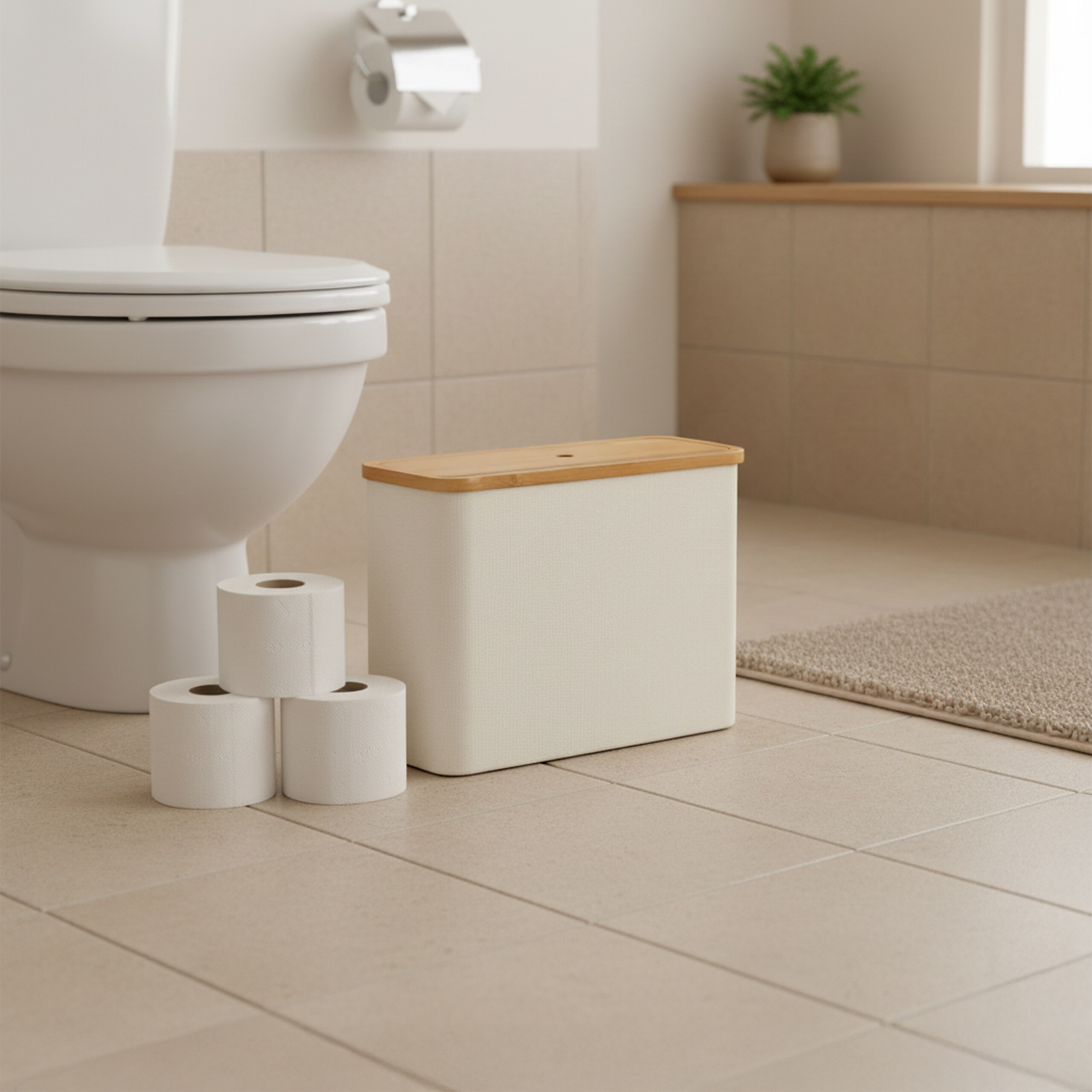 Ein weißes Badezimmer mit WC, drei Toilettenpapierrollen und einem Behälter mit Holzdeckel auf Fliesenboden.